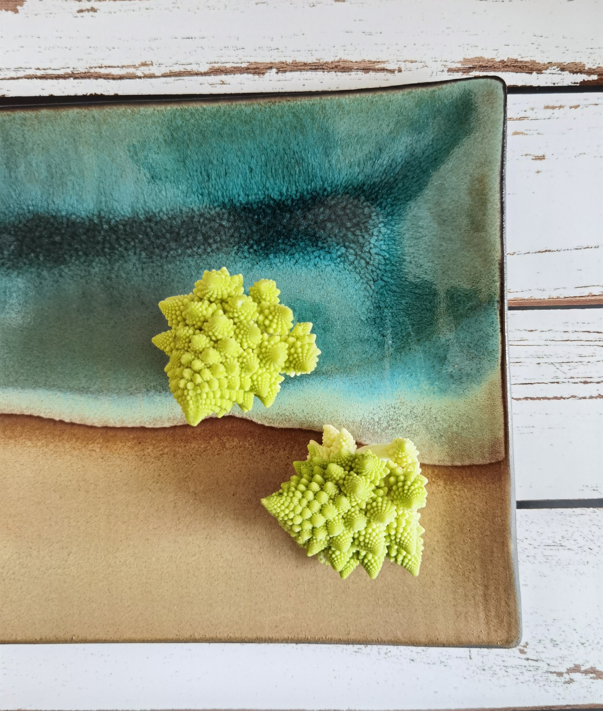 Handmade Rectangular Ceramic Serving Tray: Beige & Turquoise Pottery Dish