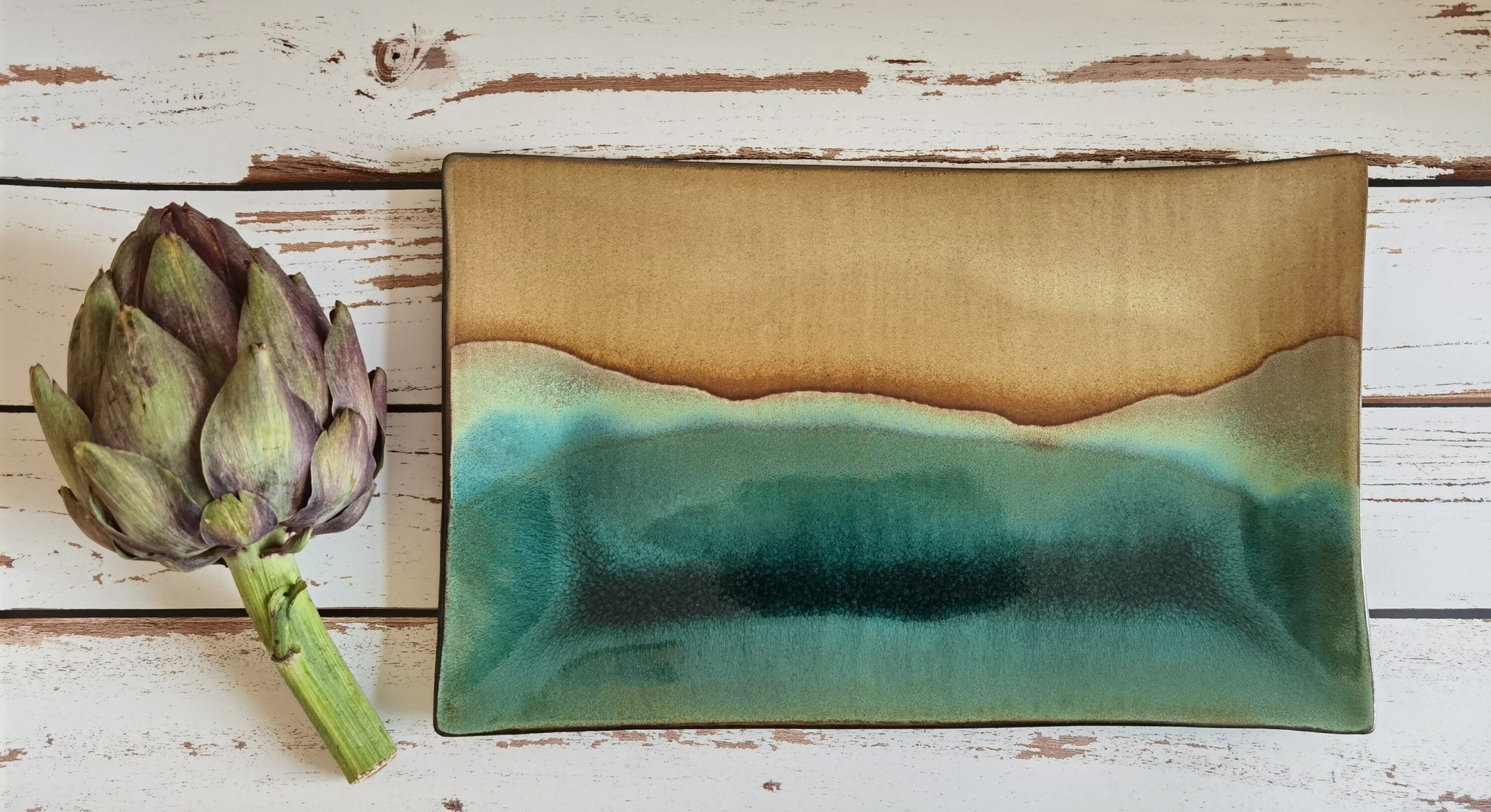 Handmade Rectangular Ceramic Serving Tray: Beige & Turquoise Pottery Dish