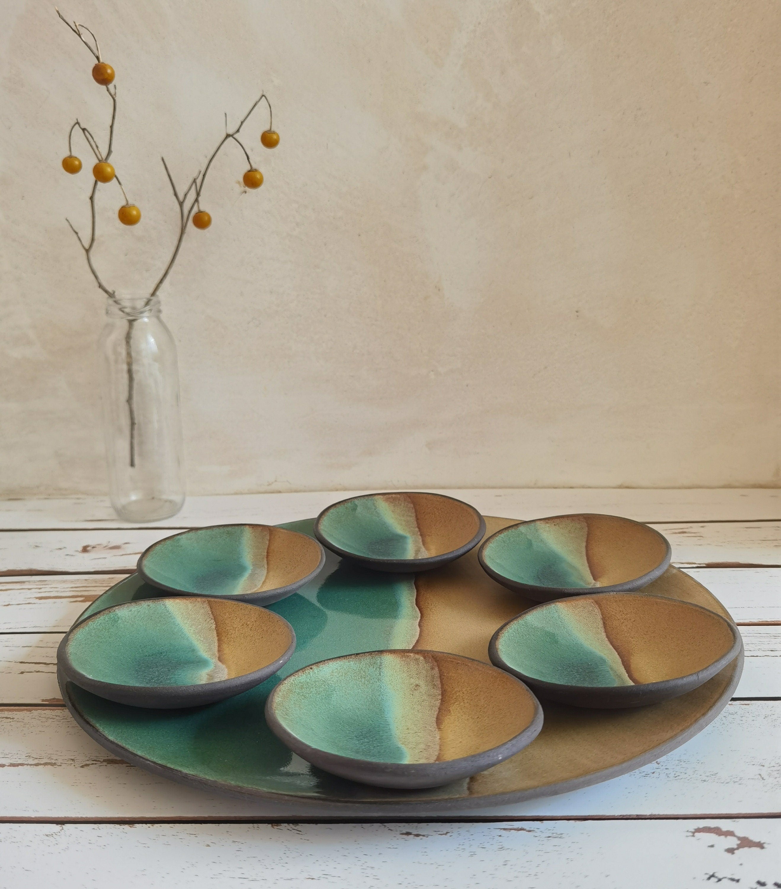 Handmade Passover Seder Plate: Beige and Turquoise Glaze, Jewish Gift