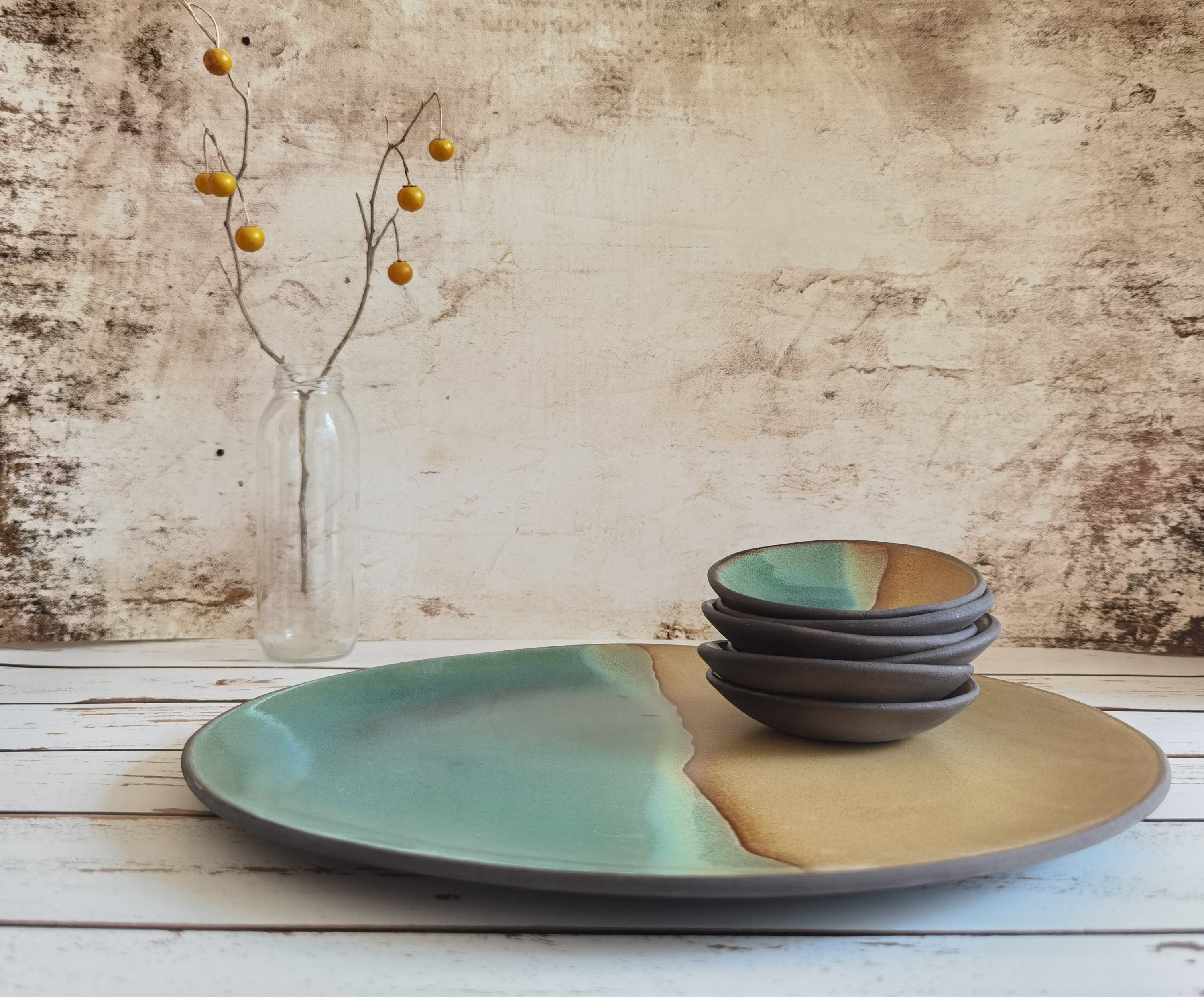 Handmade Passover Seder Plate: Beige and Turquoise Glaze, Jewish Gift