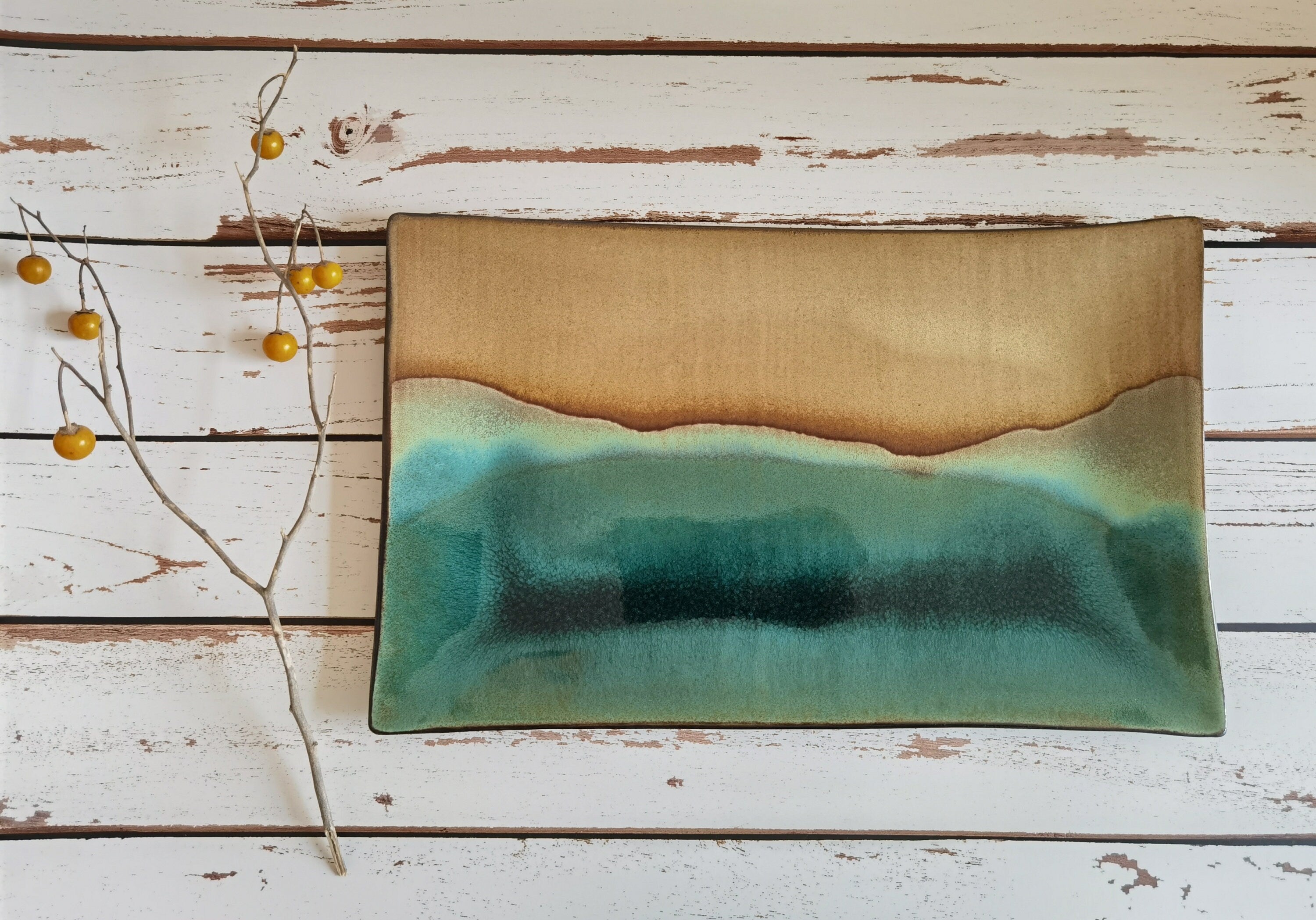 Handmade Rectangular Ceramic Serving Tray: Beige & Turquoise Pottery Dish