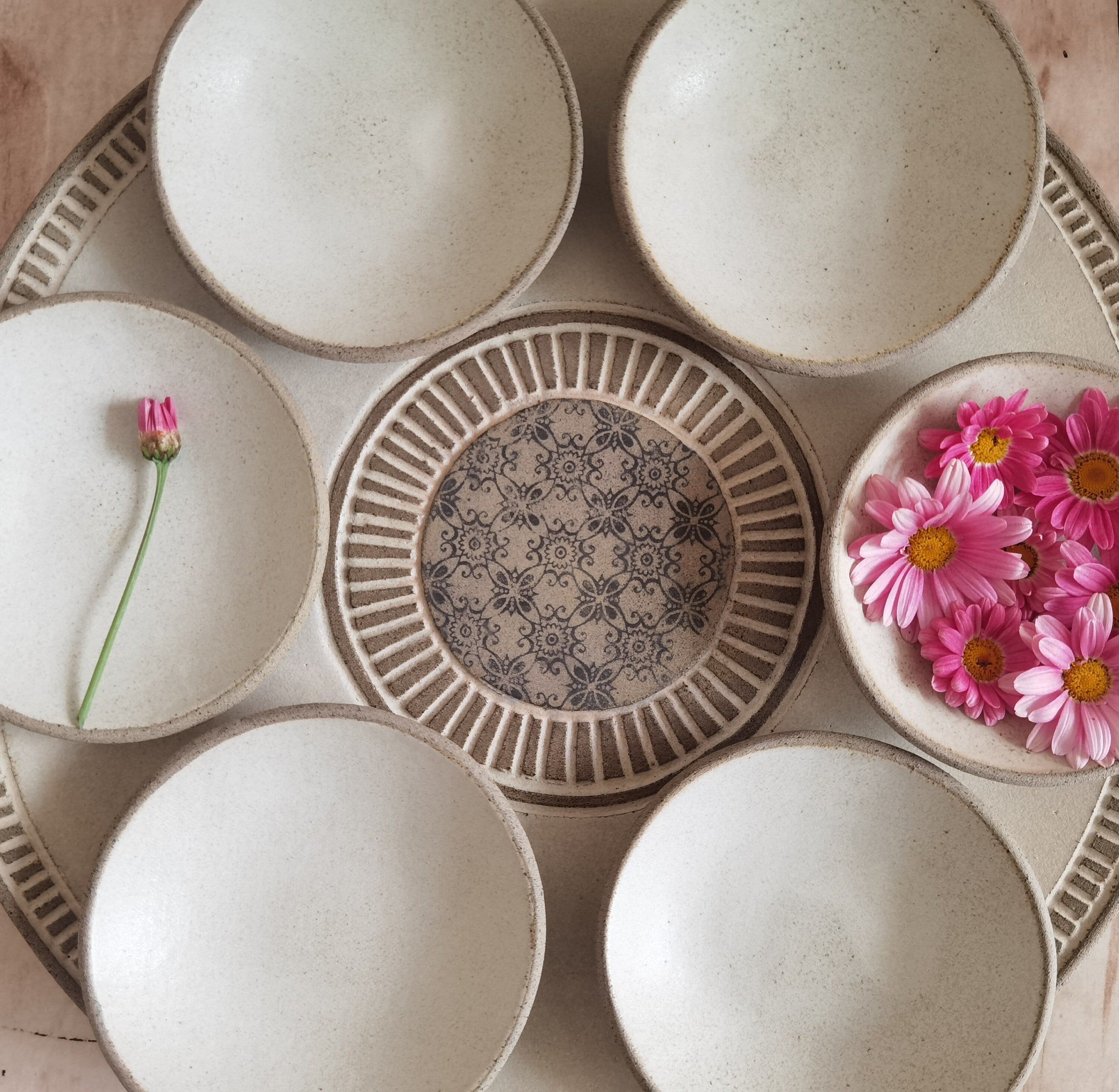 Passover Plate with 6 Small plates ,Beige glazed with black prints.