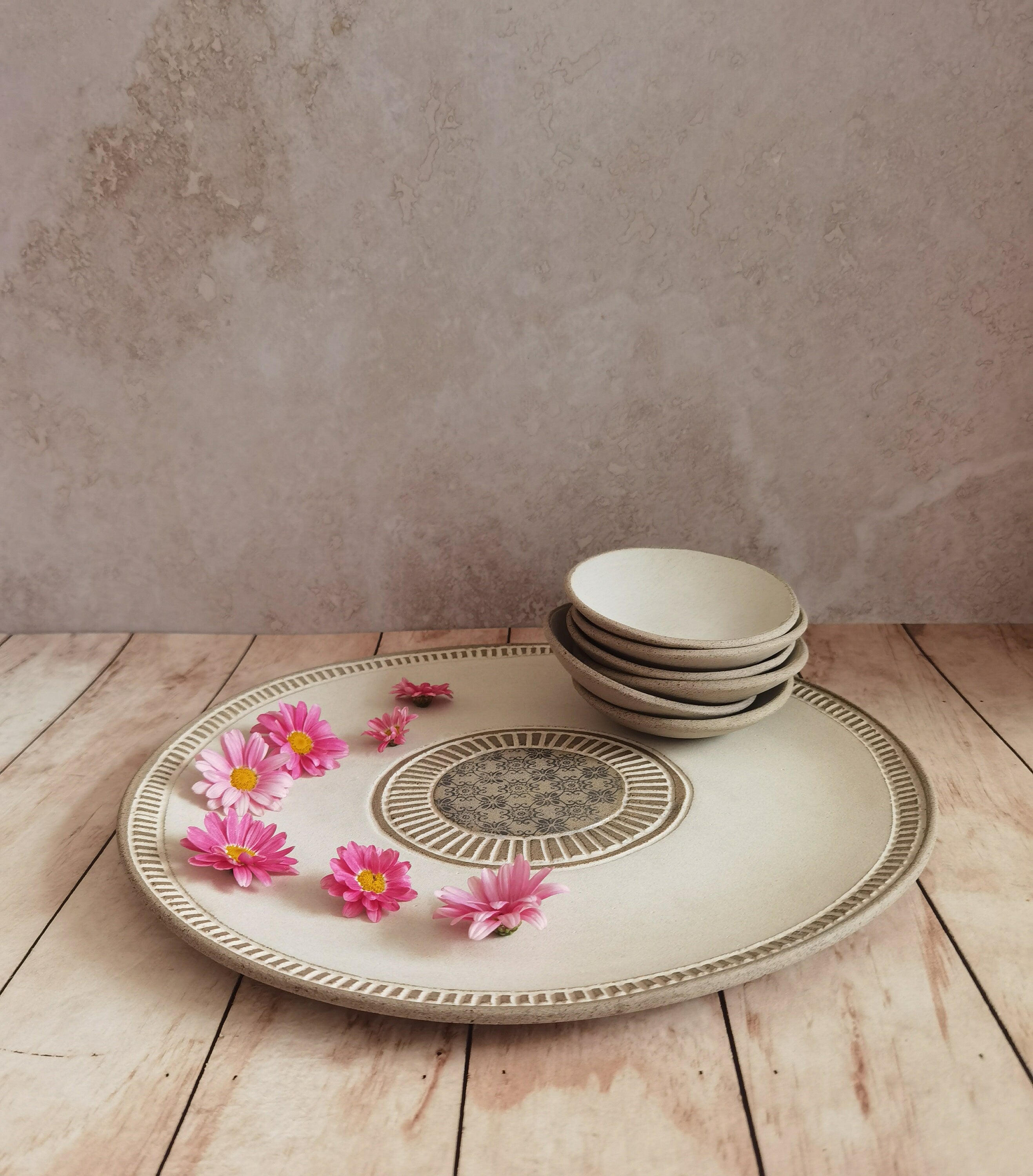 Passover Plate with 6 Small plates ,Beige glazed with black prints.
