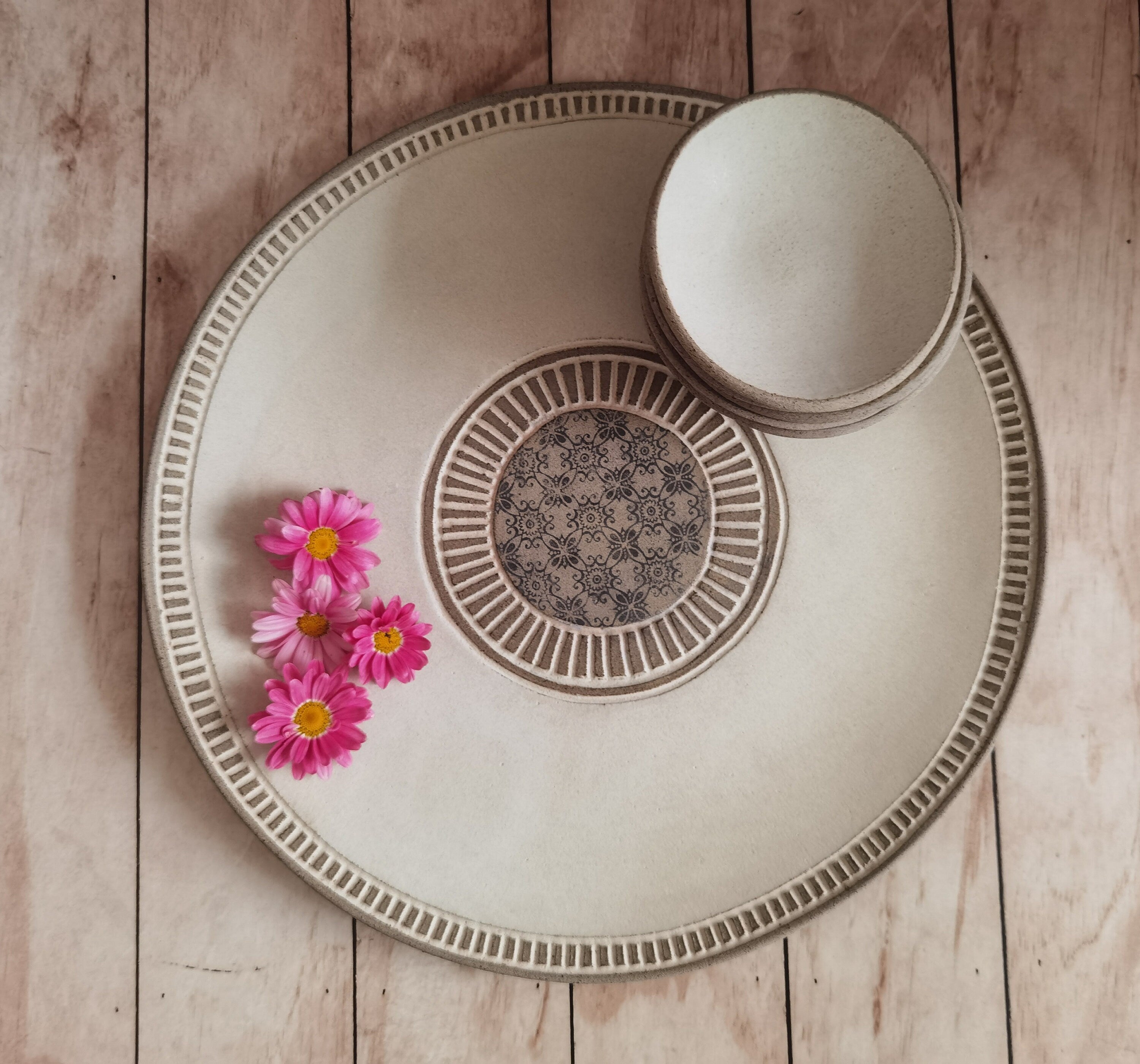 Passover Plate with 6 Small plates ,Beige glazed with black prints.