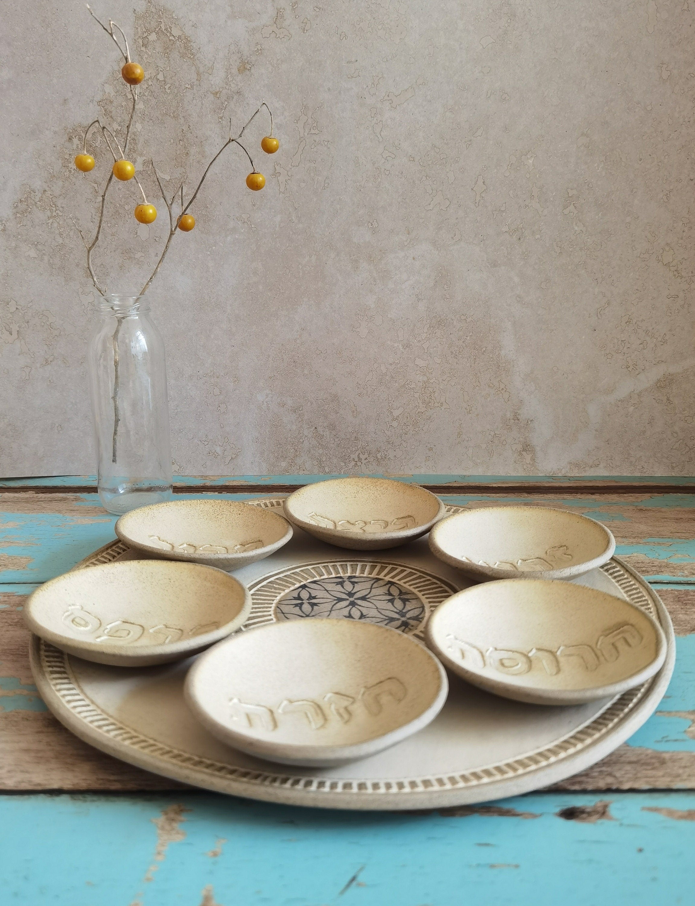 Modern Ceramic Passover Plate, Beige Glaze with Black Print