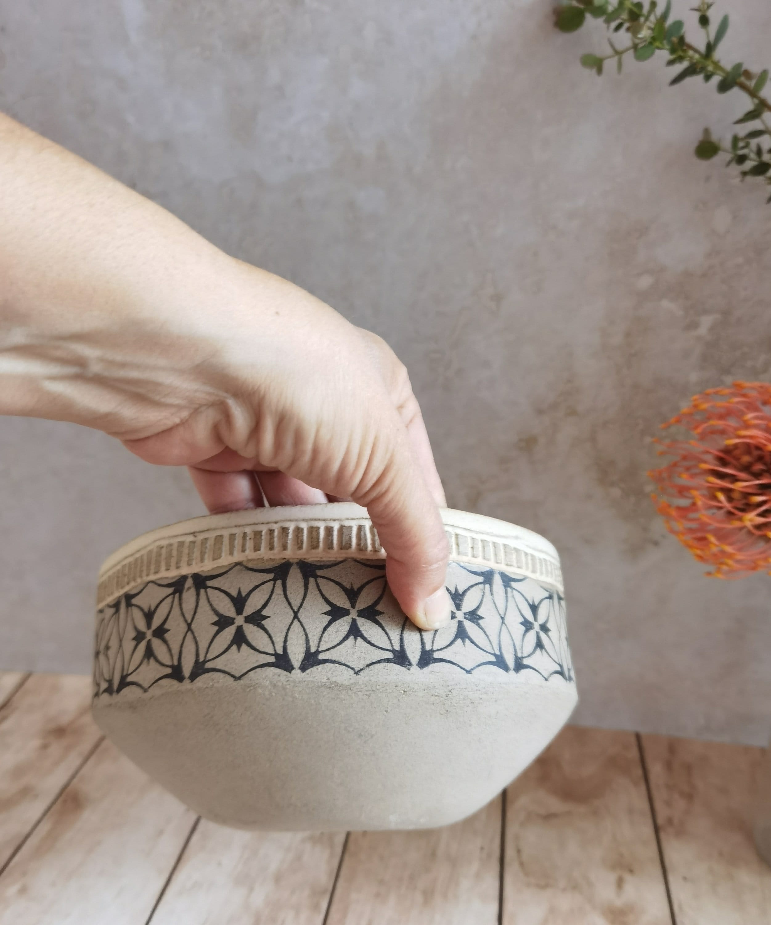 Rustic Handmade Pottery Bowl: Gray Clay with Black Print