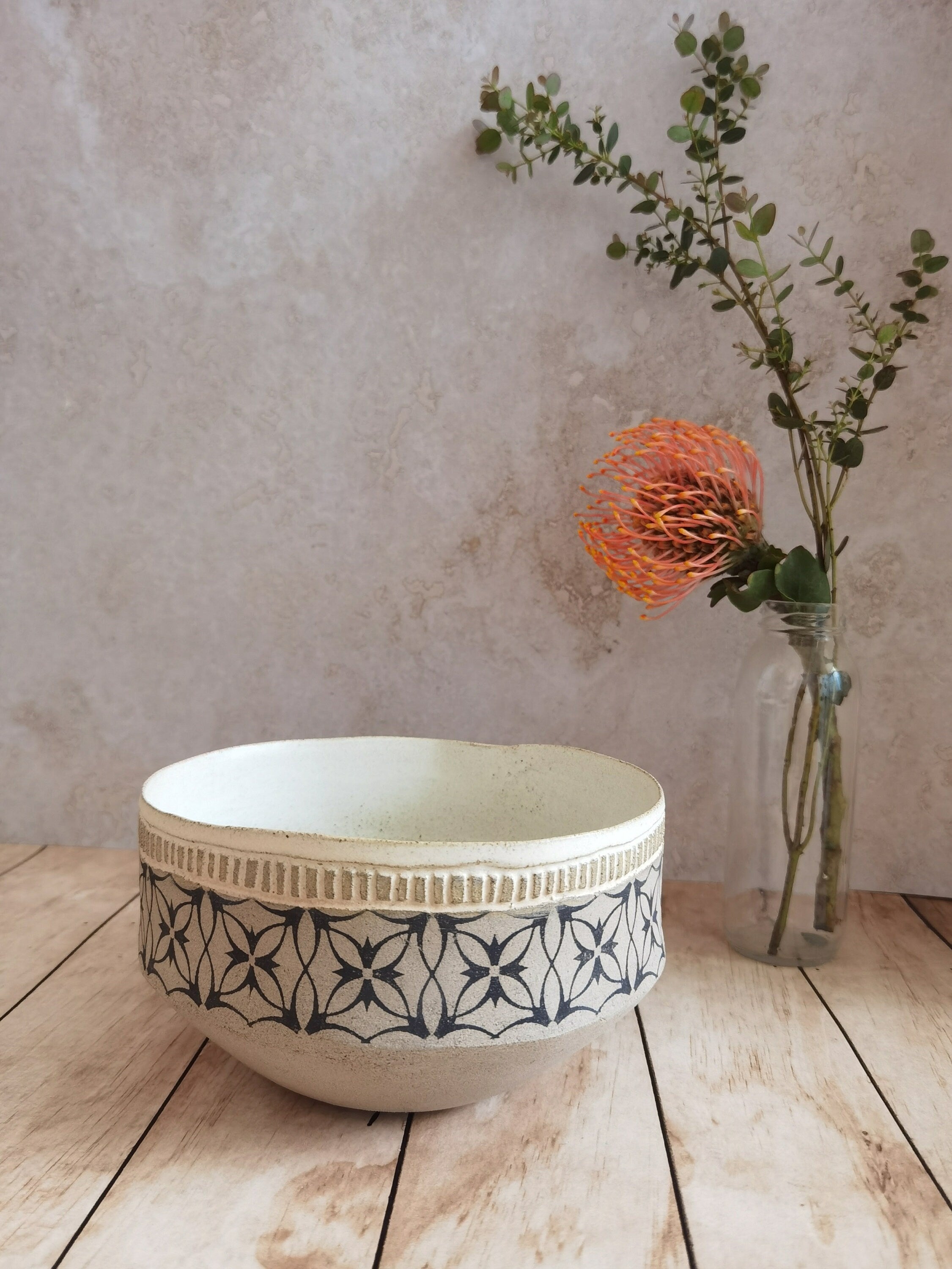 Rustic Handmade Pottery Bowl: Gray Clay with Black Print