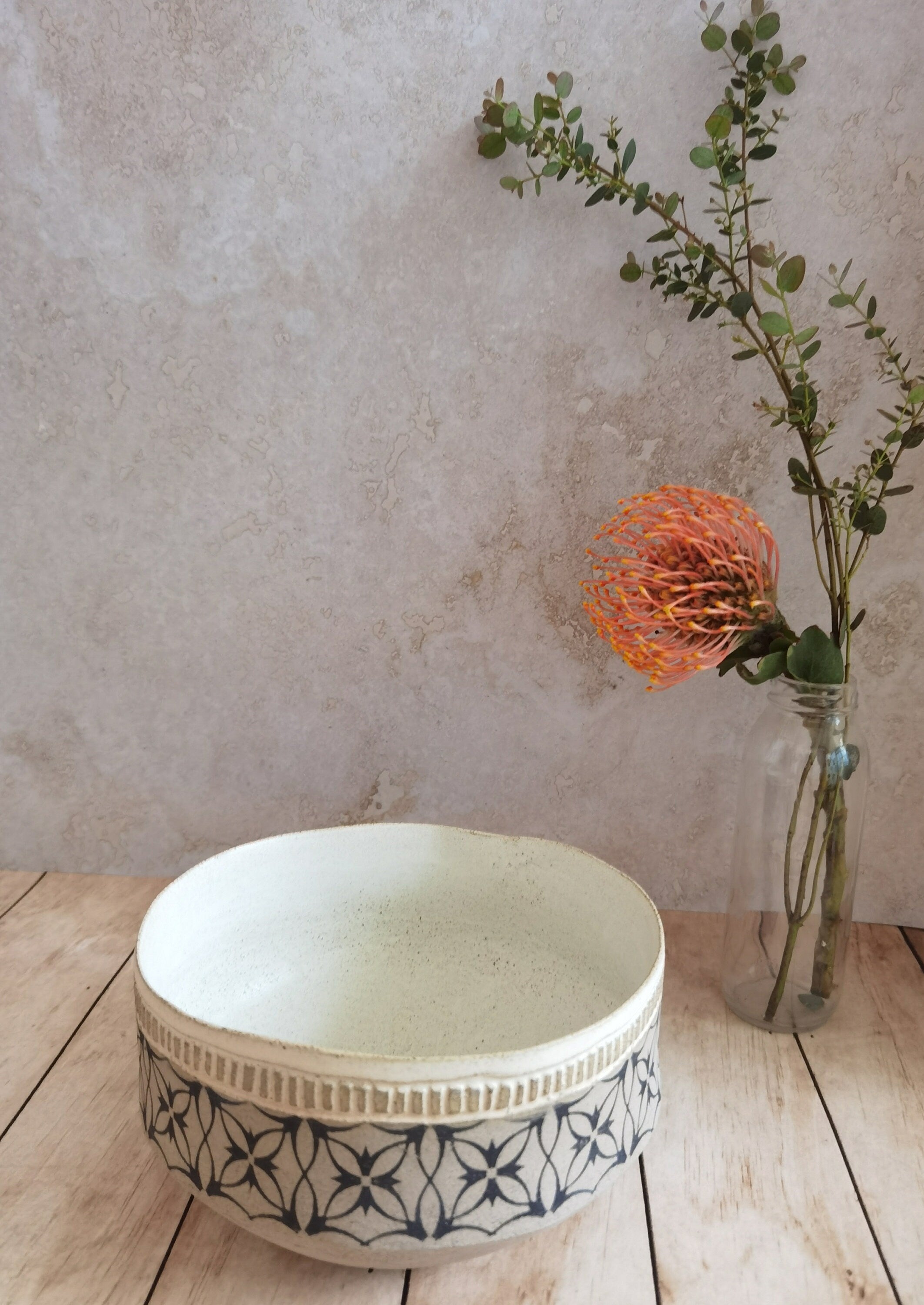 Rustic Handmade Pottery Bowl: Gray Clay with Black Print