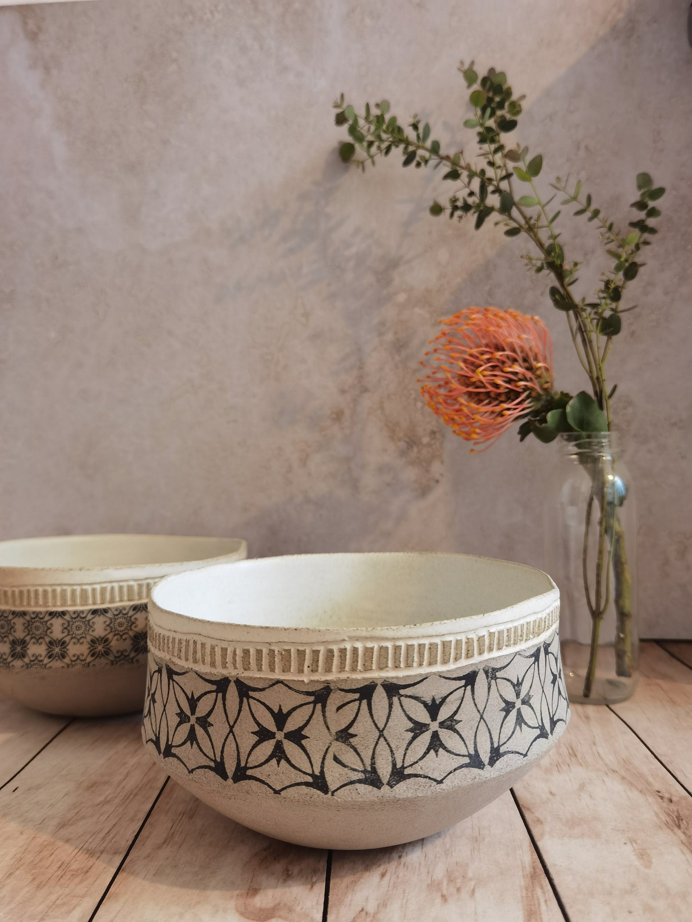 Rustic Handmade Pottery Bowl: Gray Clay with Black Print