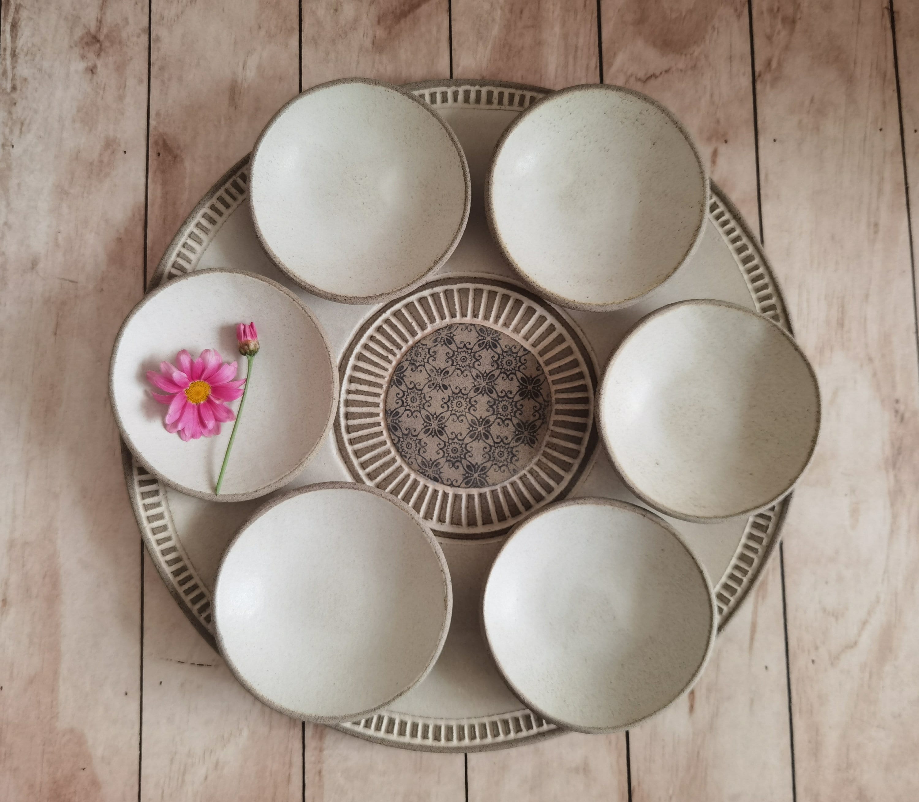 Passover Plate with 6 Small plates ,Beige glazed with black prints.