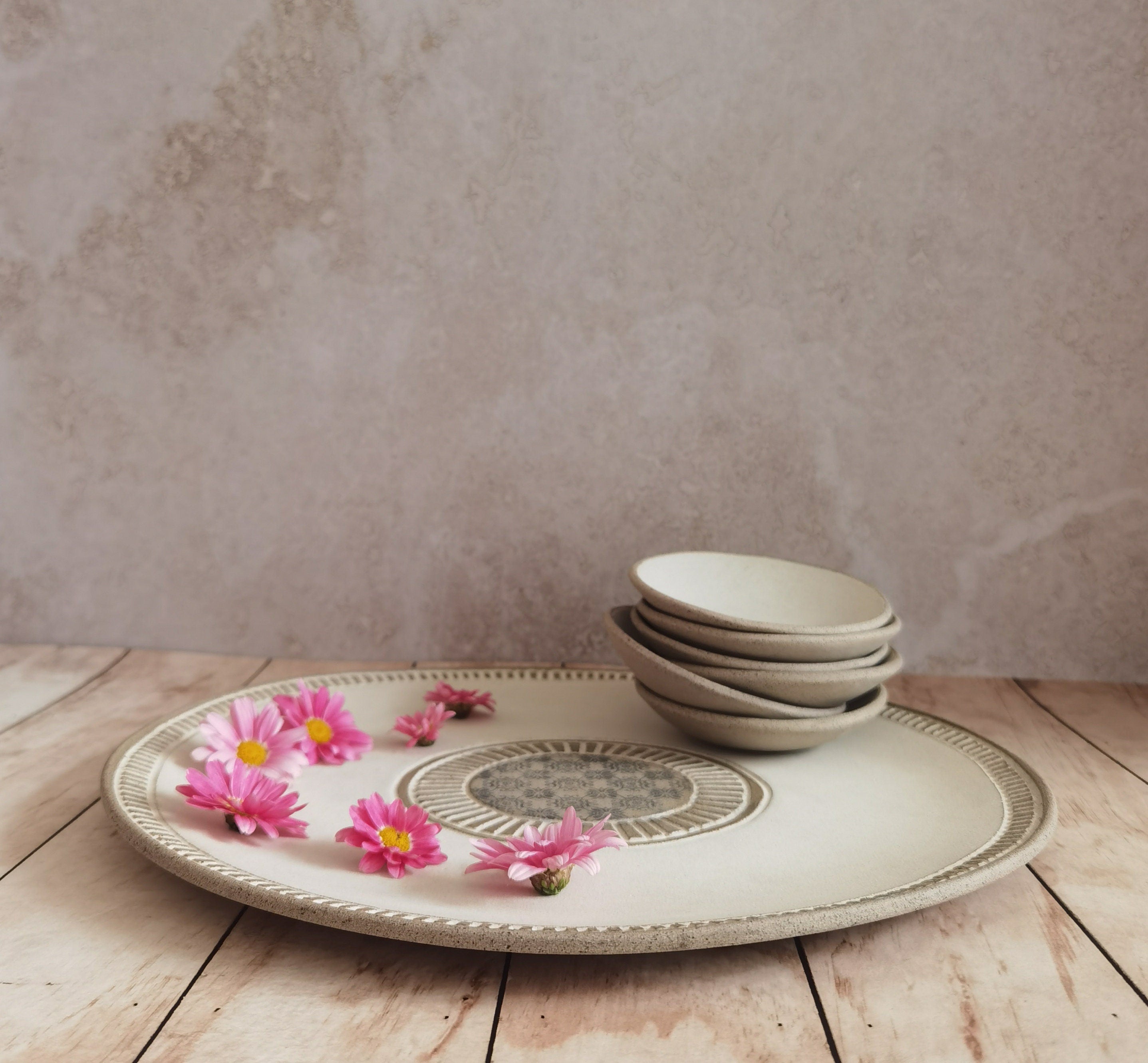 Passover Plate with 6 Small plates ,Beige glazed with black prints.