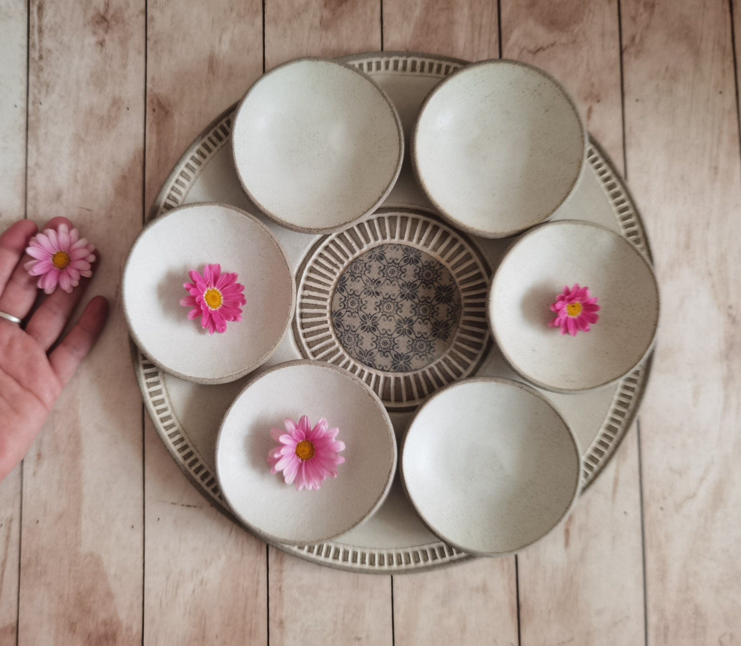 Passover Plate with 6 Small plates ,Beige glazed with black prints.