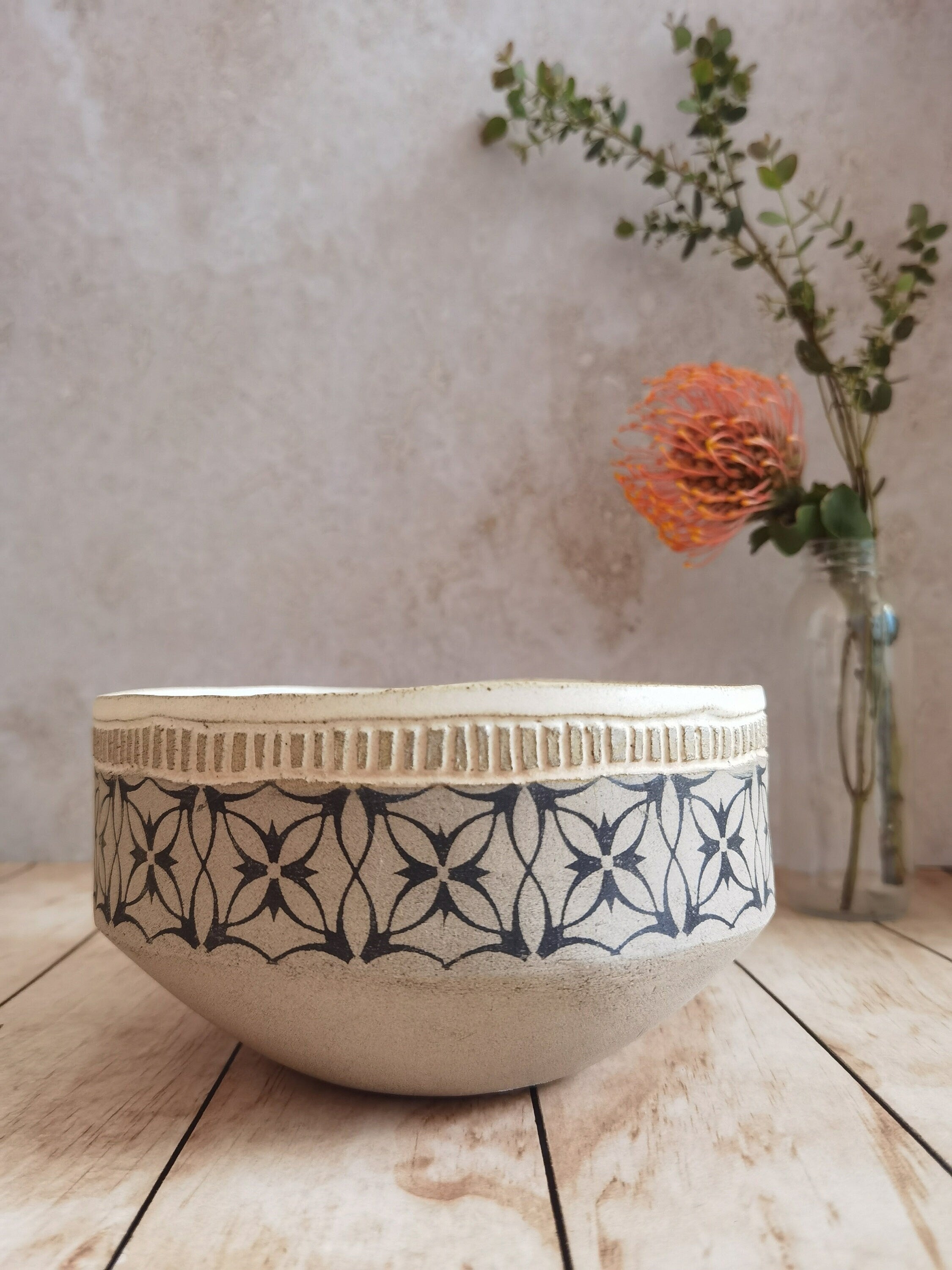 Rustic Handmade Pottery Bowl: Gray Clay with Black Print