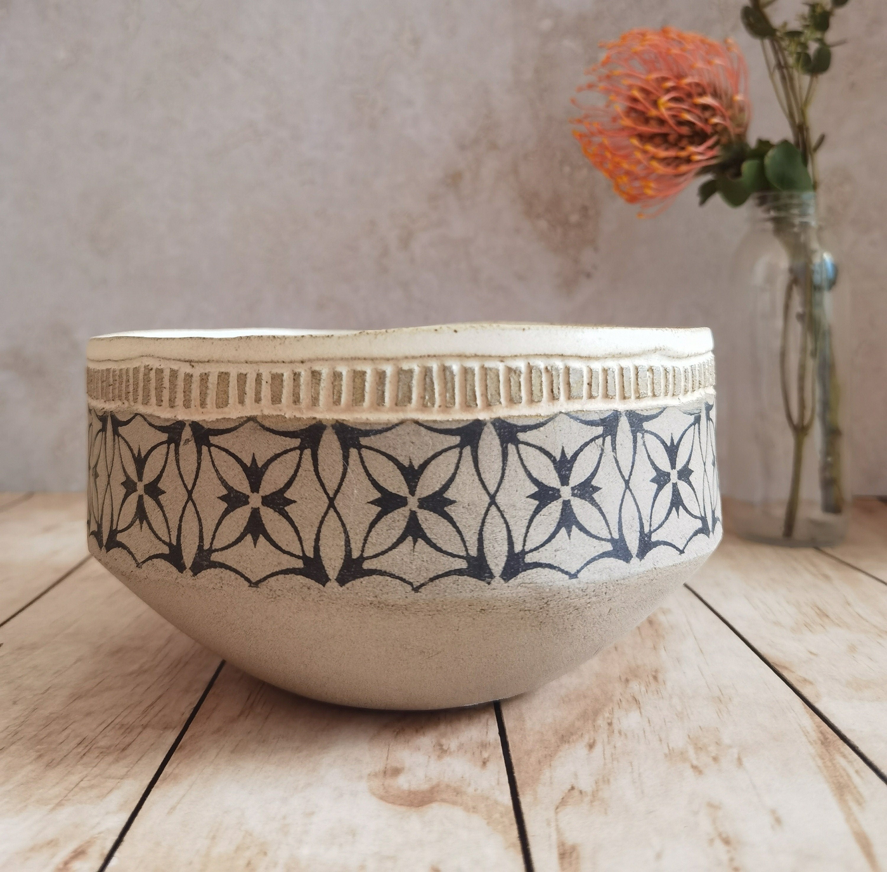 Rustic Handmade Pottery Bowl: Gray Clay with Black Print
