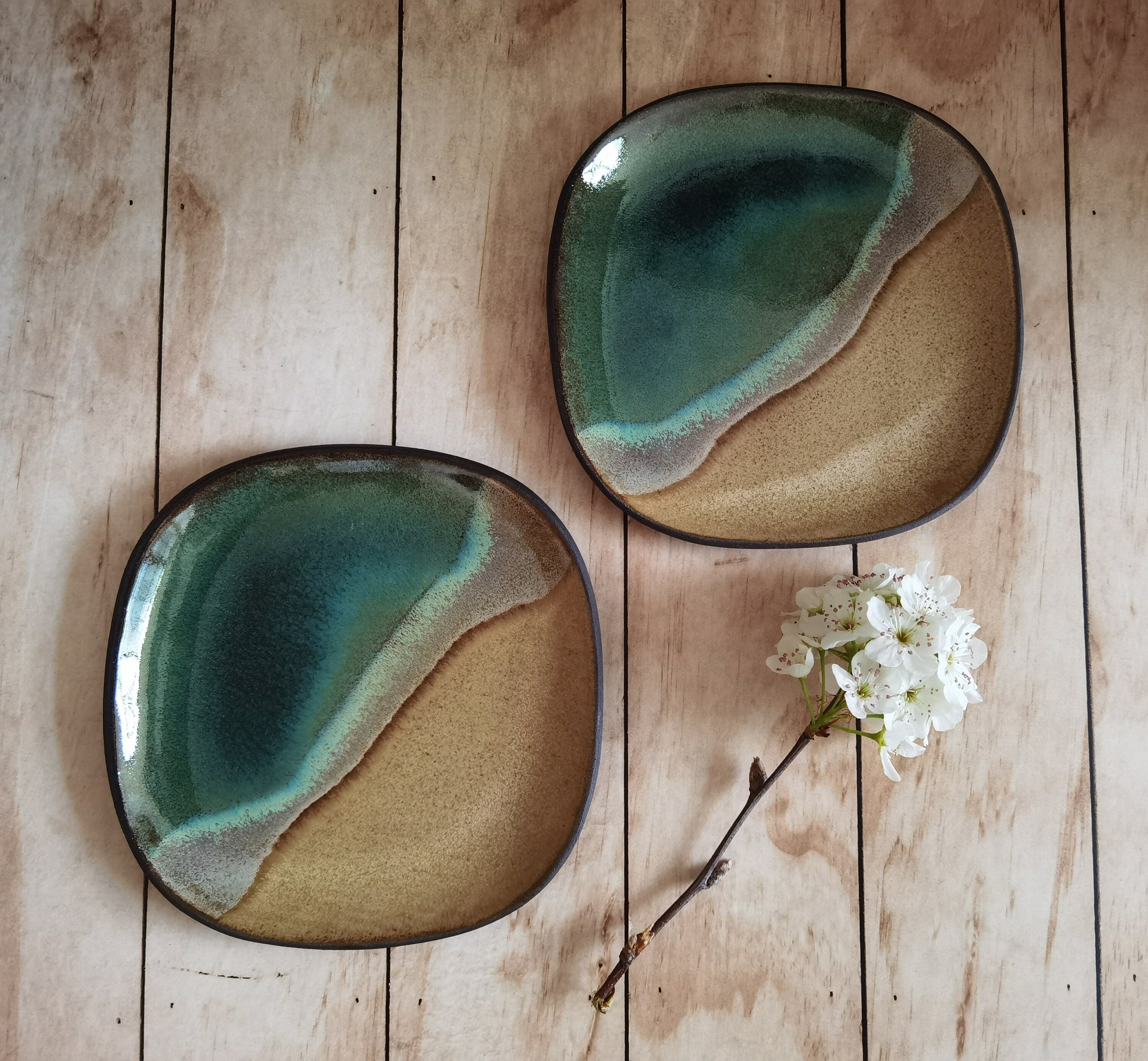 Handmade Ceramic Dessert Plates: Ocean Design Kitchenware (Set of 2)