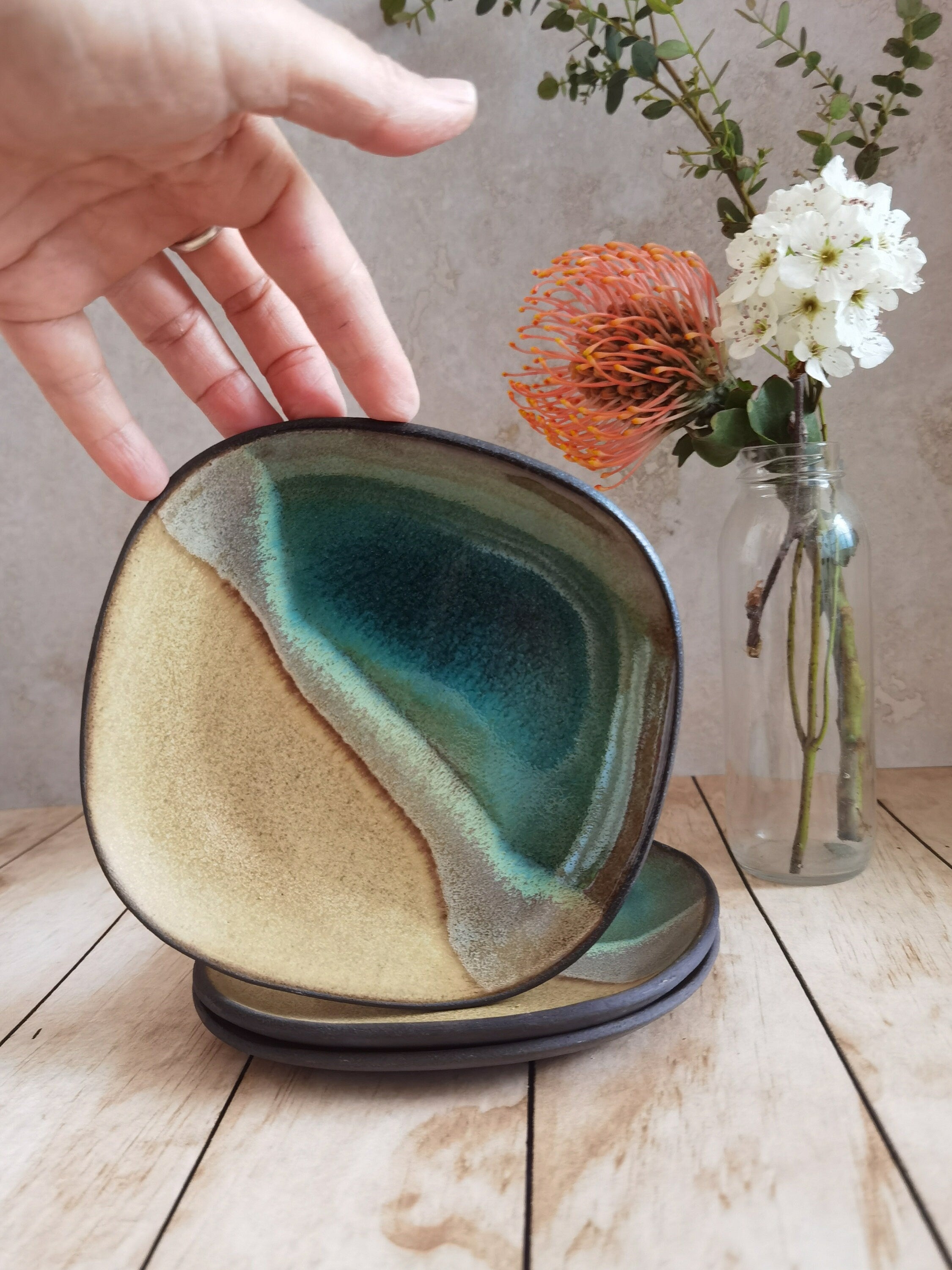 Handmade Ceramic Dessert Plates: Ocean Design Kitchenware (Set of 2)