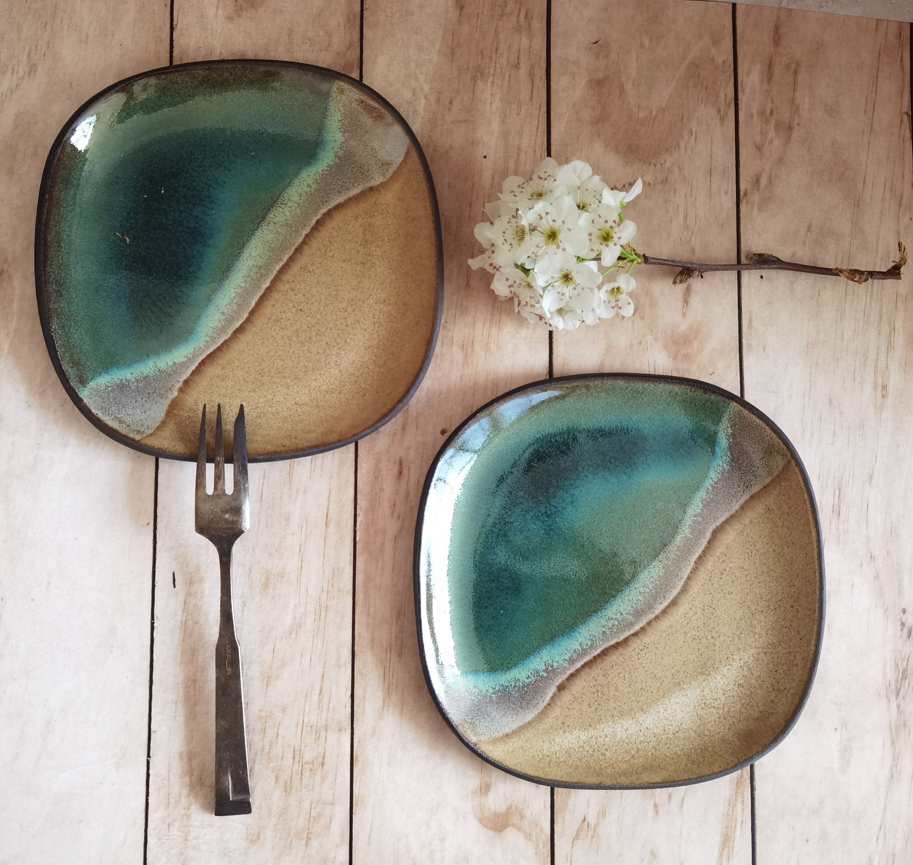 Handmade Ceramic Dessert Plates: Ocean Design Kitchenware (Set of 2)