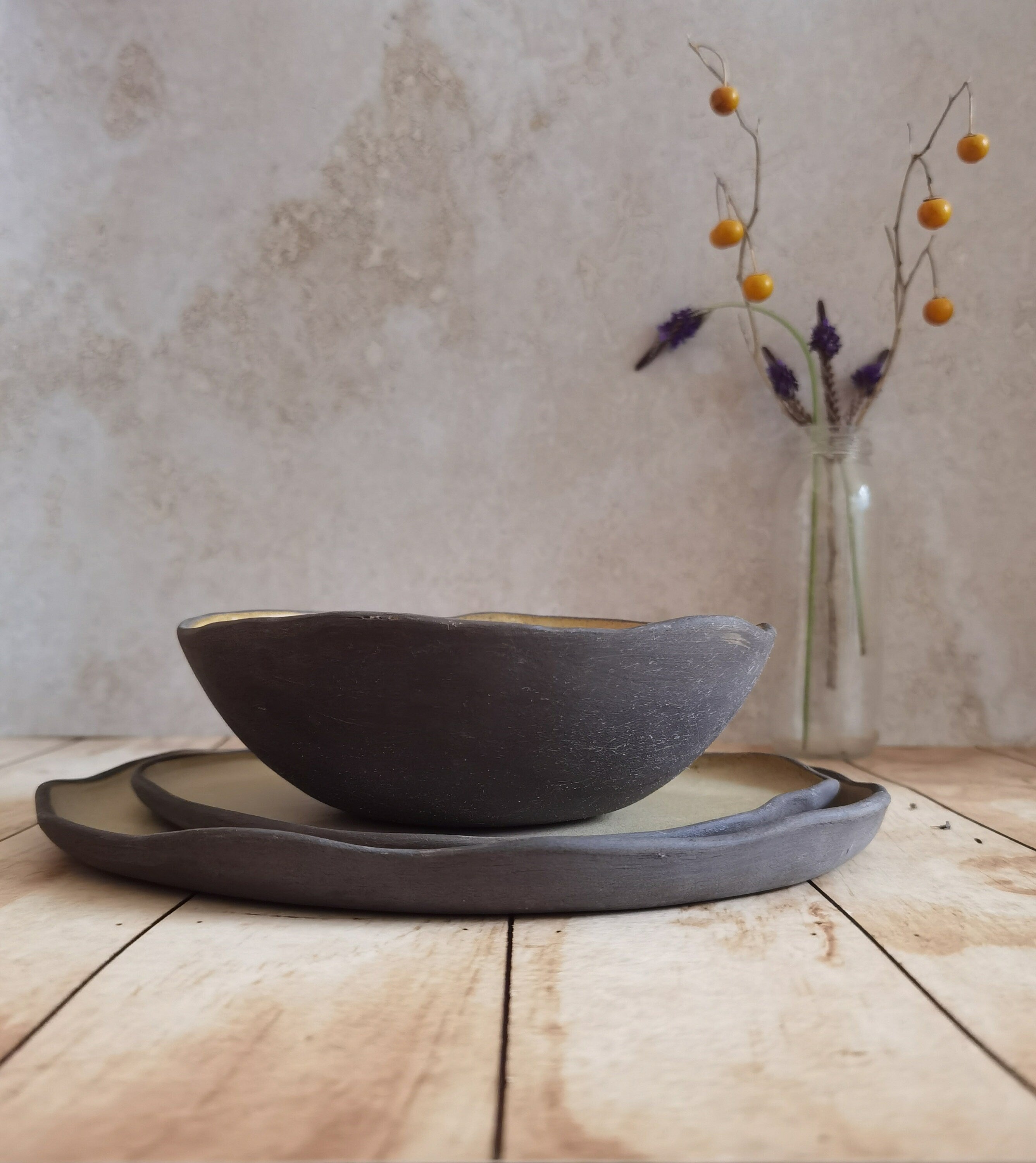 Modern Ceramic Dinnerware Set: Black and Beige Serving Dishes