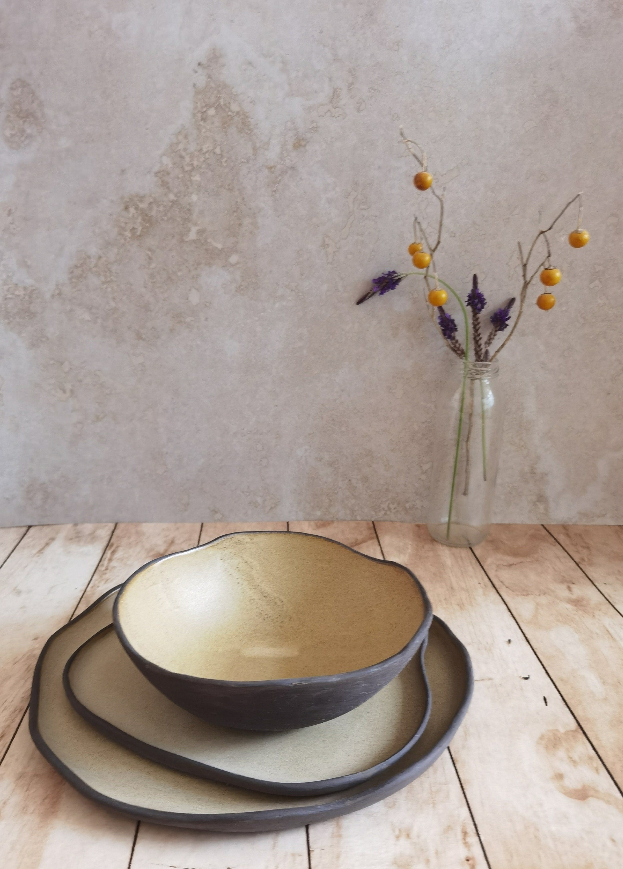 Modern Ceramic Dinnerware Set: Black and Beige Serving Dishes