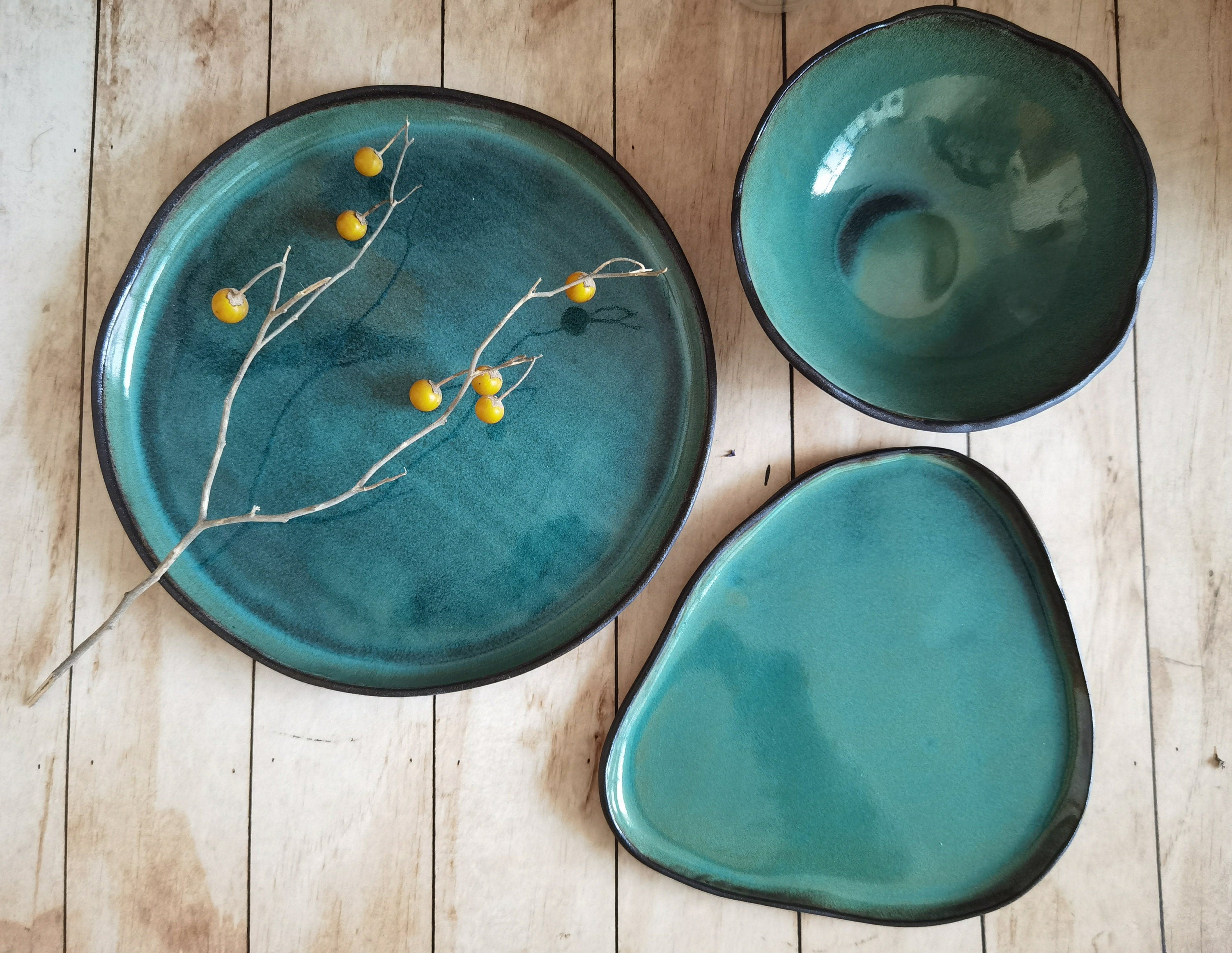 Modern Ceramic Dinnerware Set: Black and Turquoise Serving Dishes