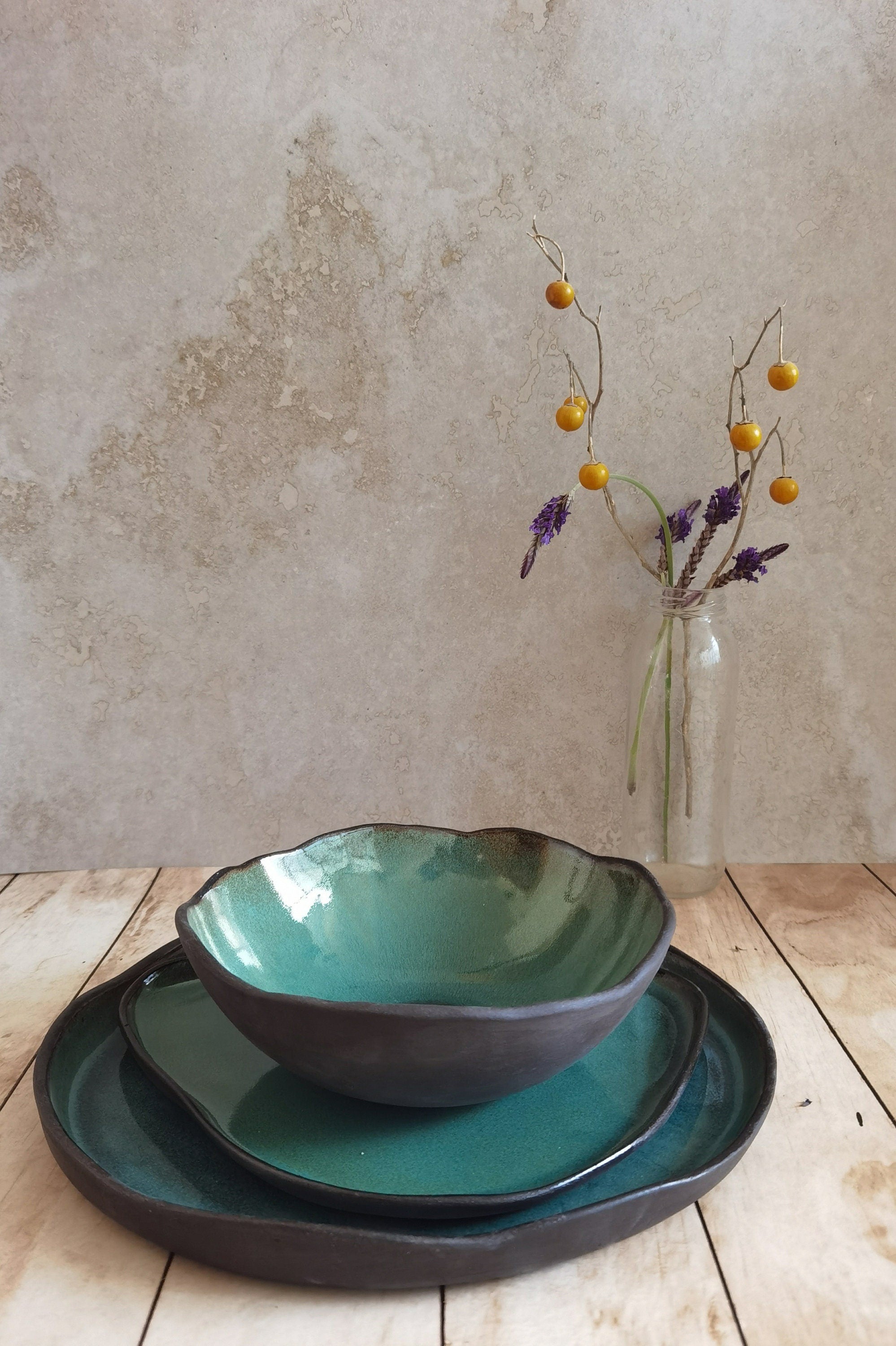 Modern Ceramic Dinnerware Set: Black and Turquoise Serving Dishes