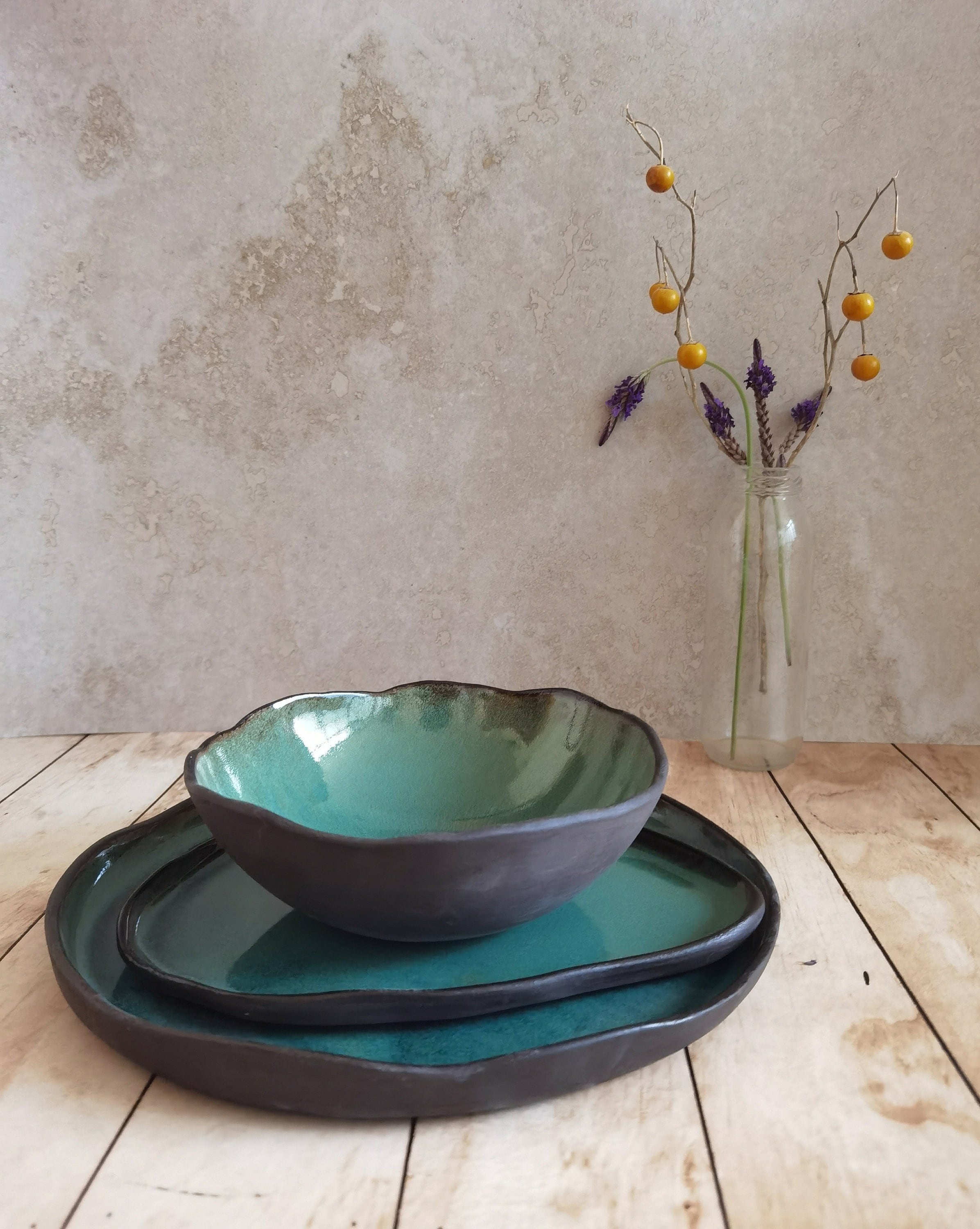 Modern Ceramic Dinnerware Set: Black and Turquoise Serving Dishes