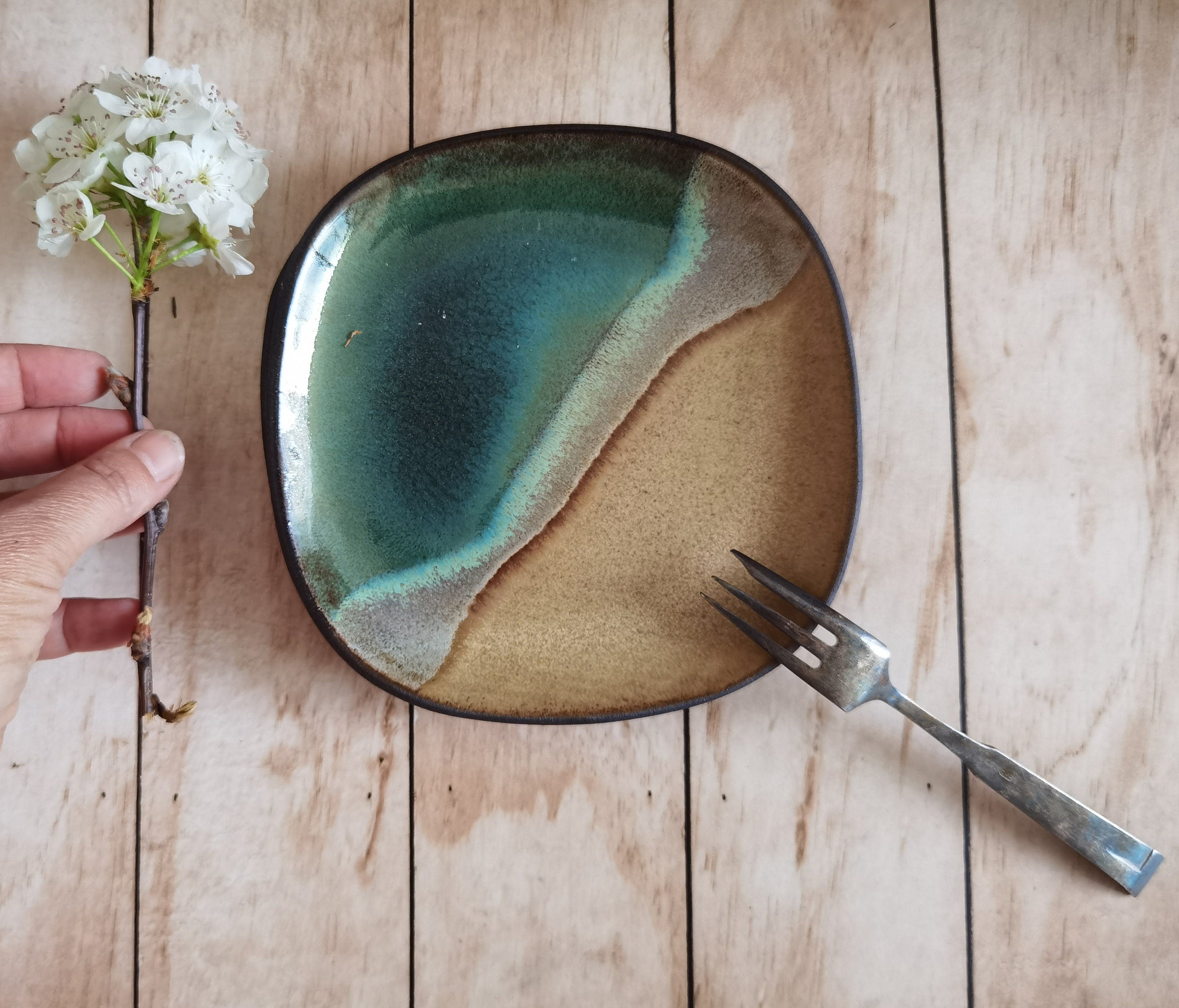 Handmade Ceramic Dessert Plates: Ocean Design Kitchenware (Set of 2)