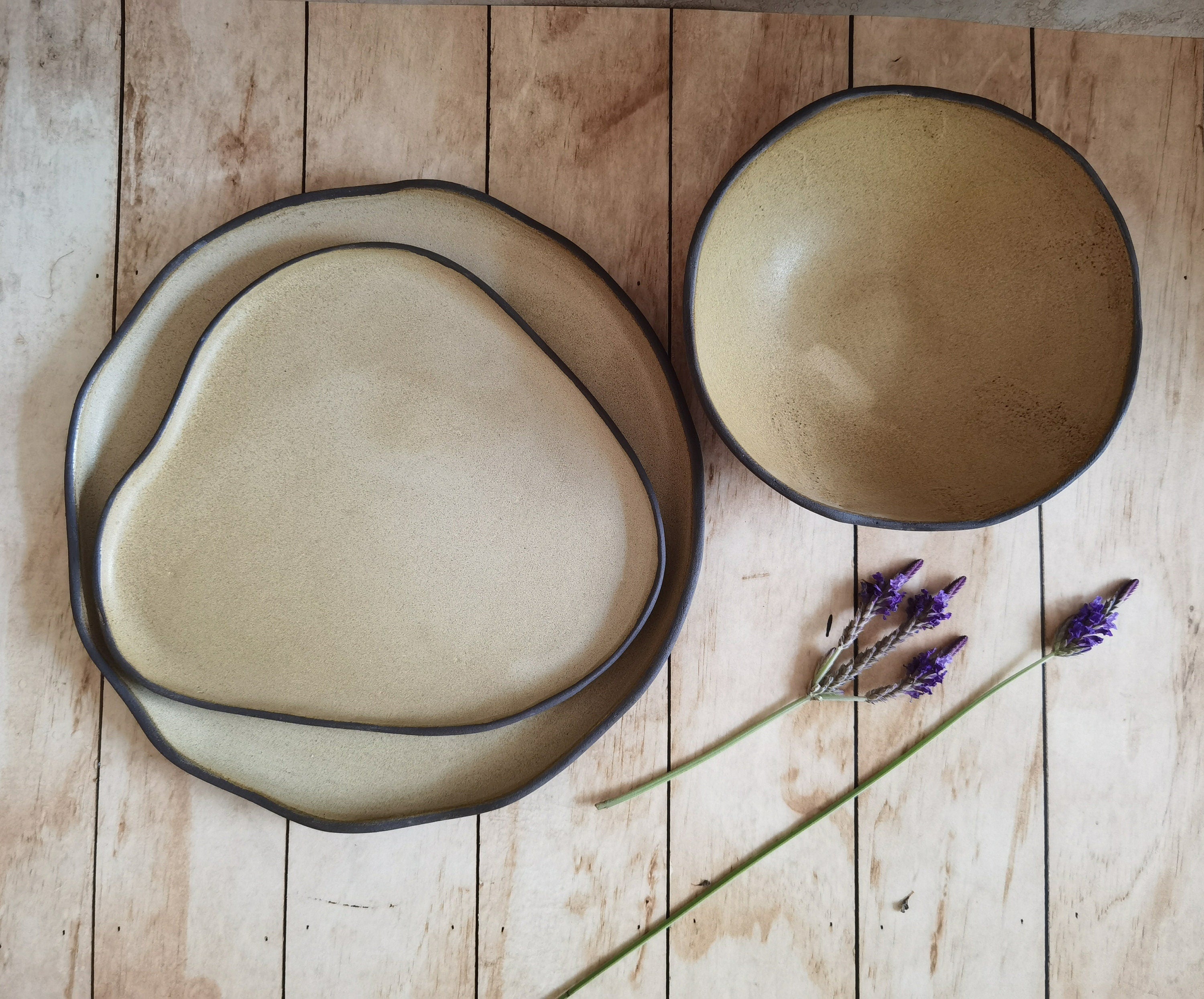 Modern Ceramic Dinnerware Set: Black and Beige Serving Dishes