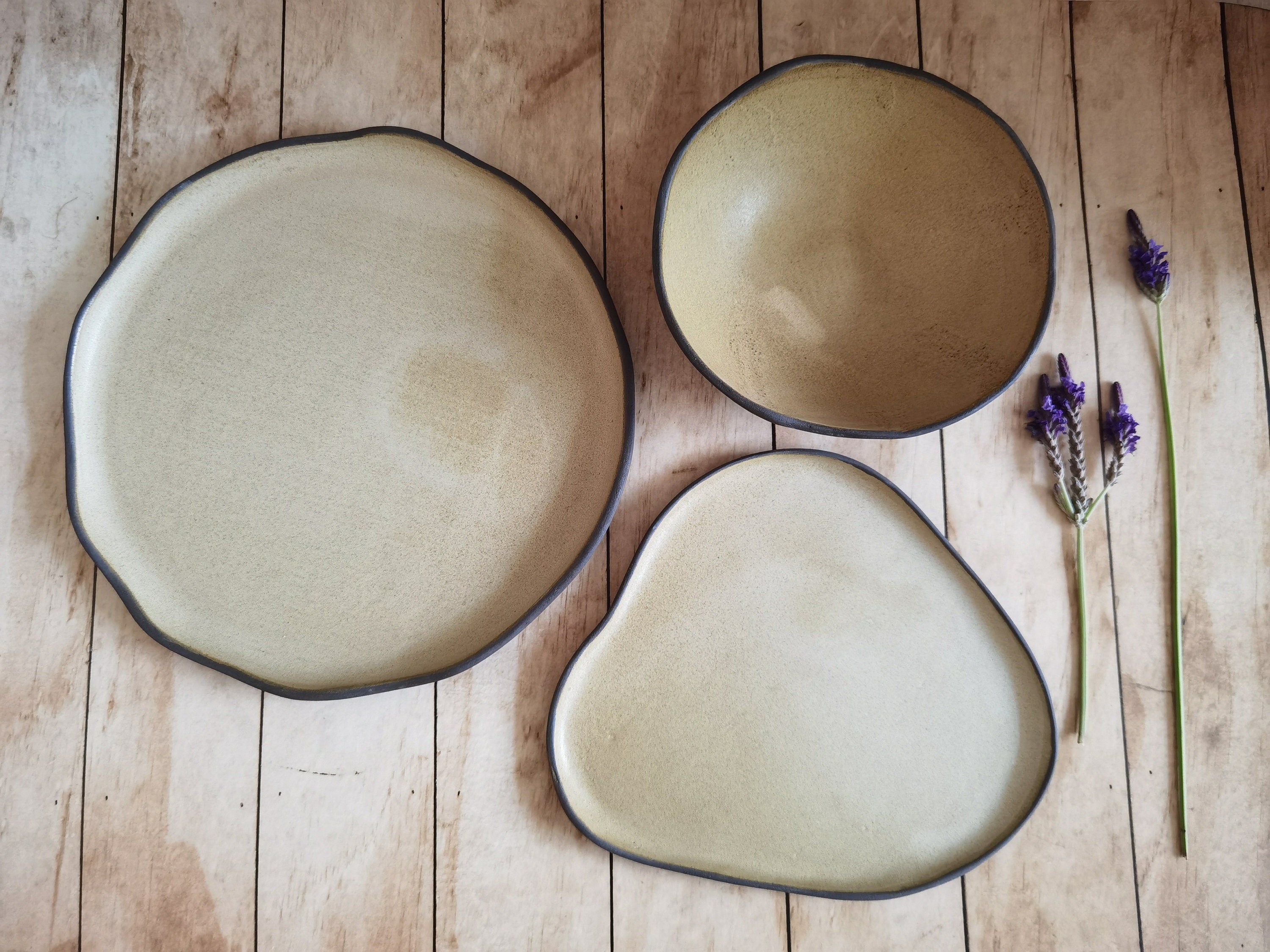 Modern Ceramic Dinnerware Set: Black and Beige Serving Dishes