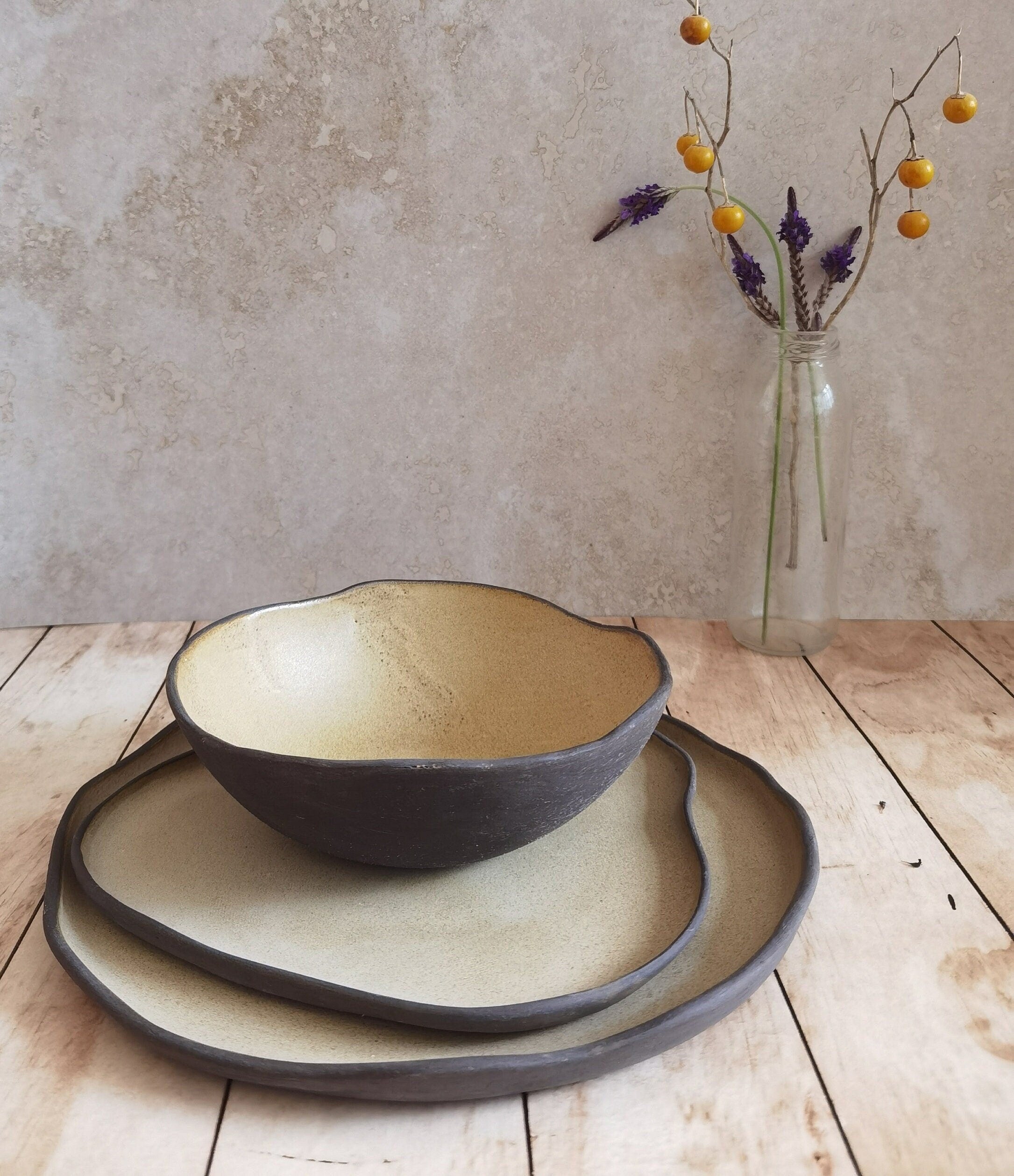 Modern Ceramic Dinnerware Set: Black and Beige Serving Dishes