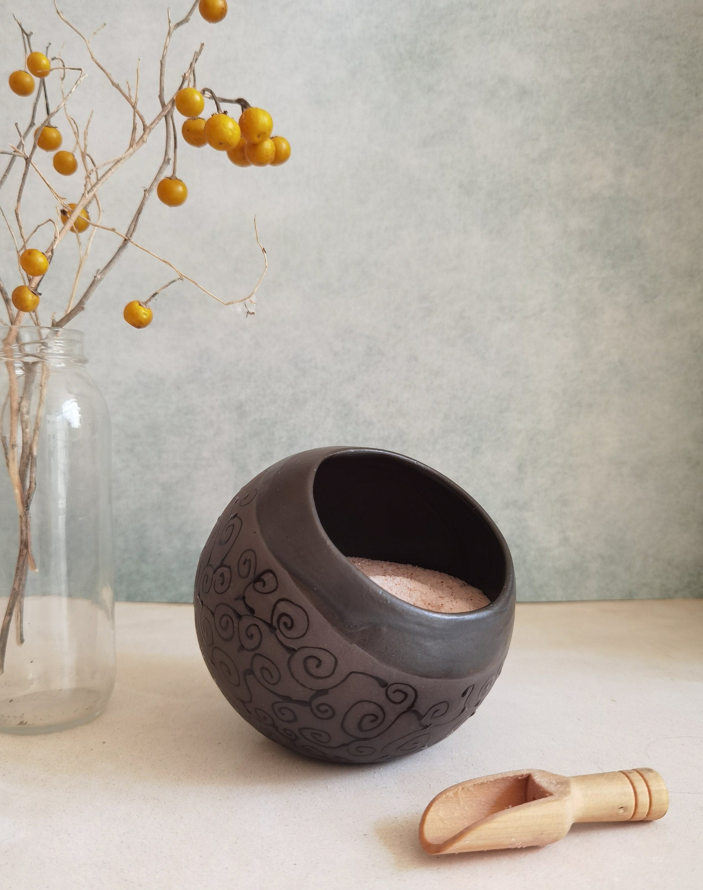 Handmade Pottery Salt Cellar with Wood Spoon: Stoneware Salt Keeper