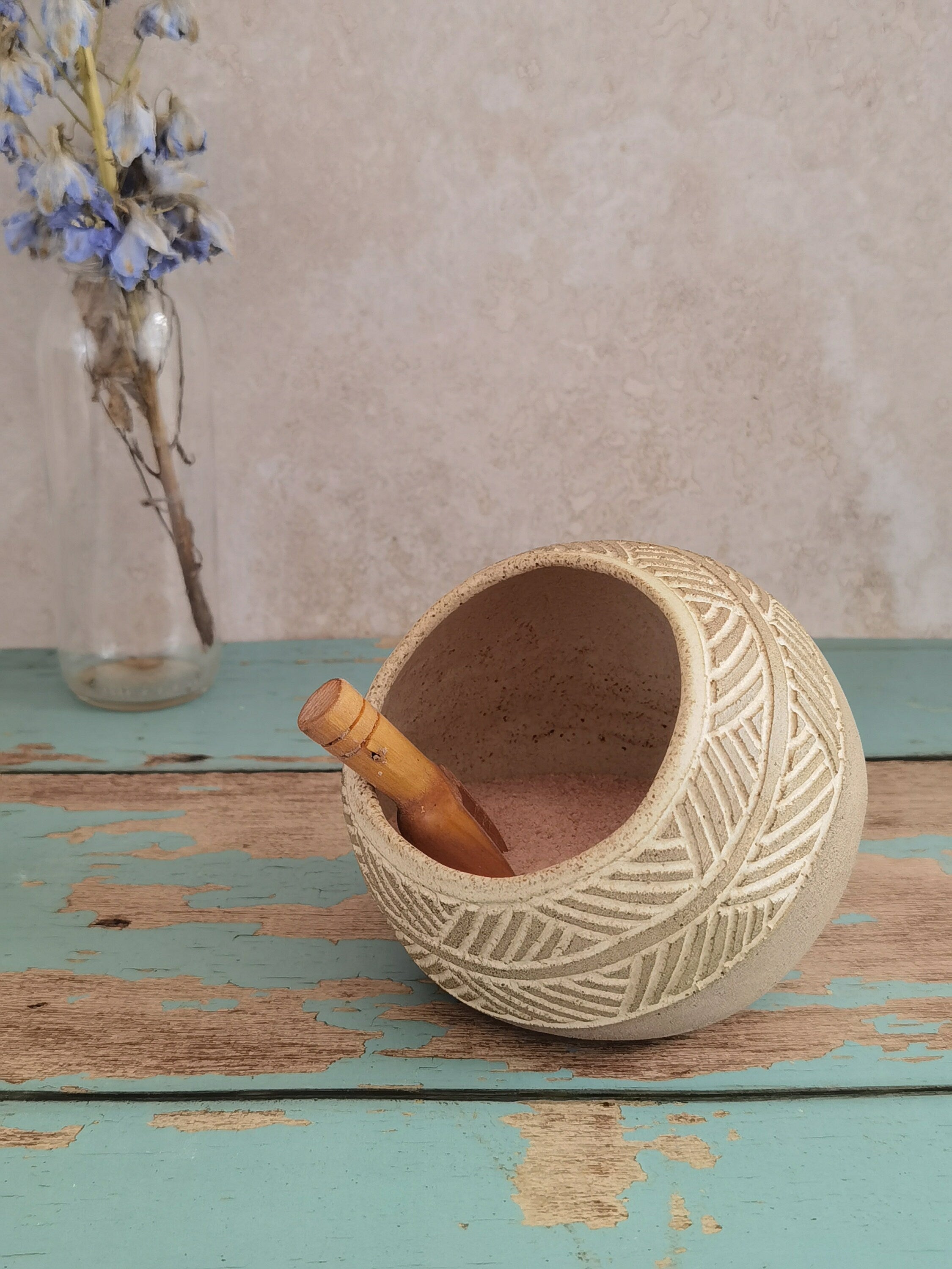 Handmade Pottery Salt Cellar with Wood Spoon: Stoneware Salt Keeper