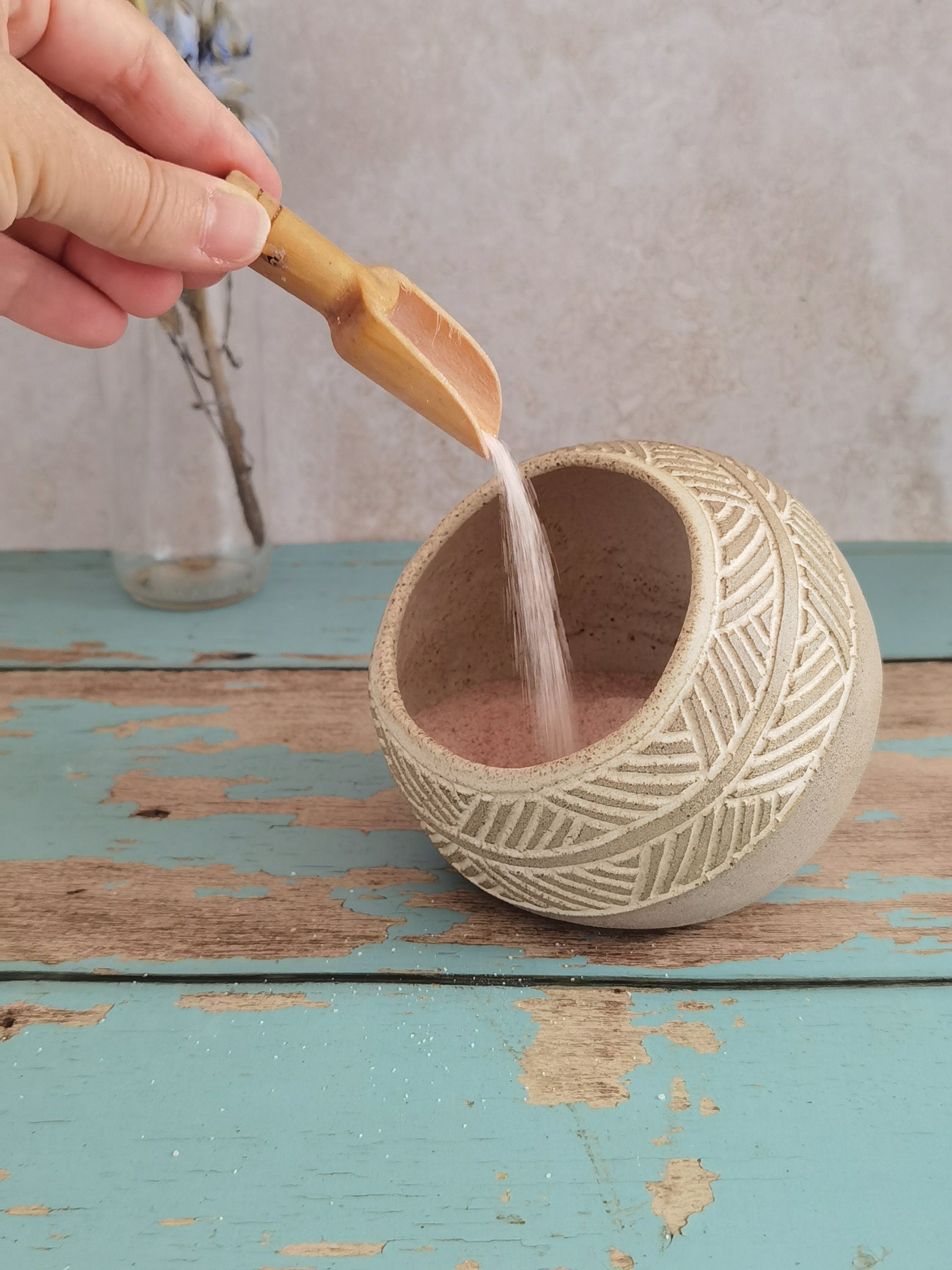 Handmade Pottery Salt Cellar with Wood Spoon: Stoneware Salt Keeper