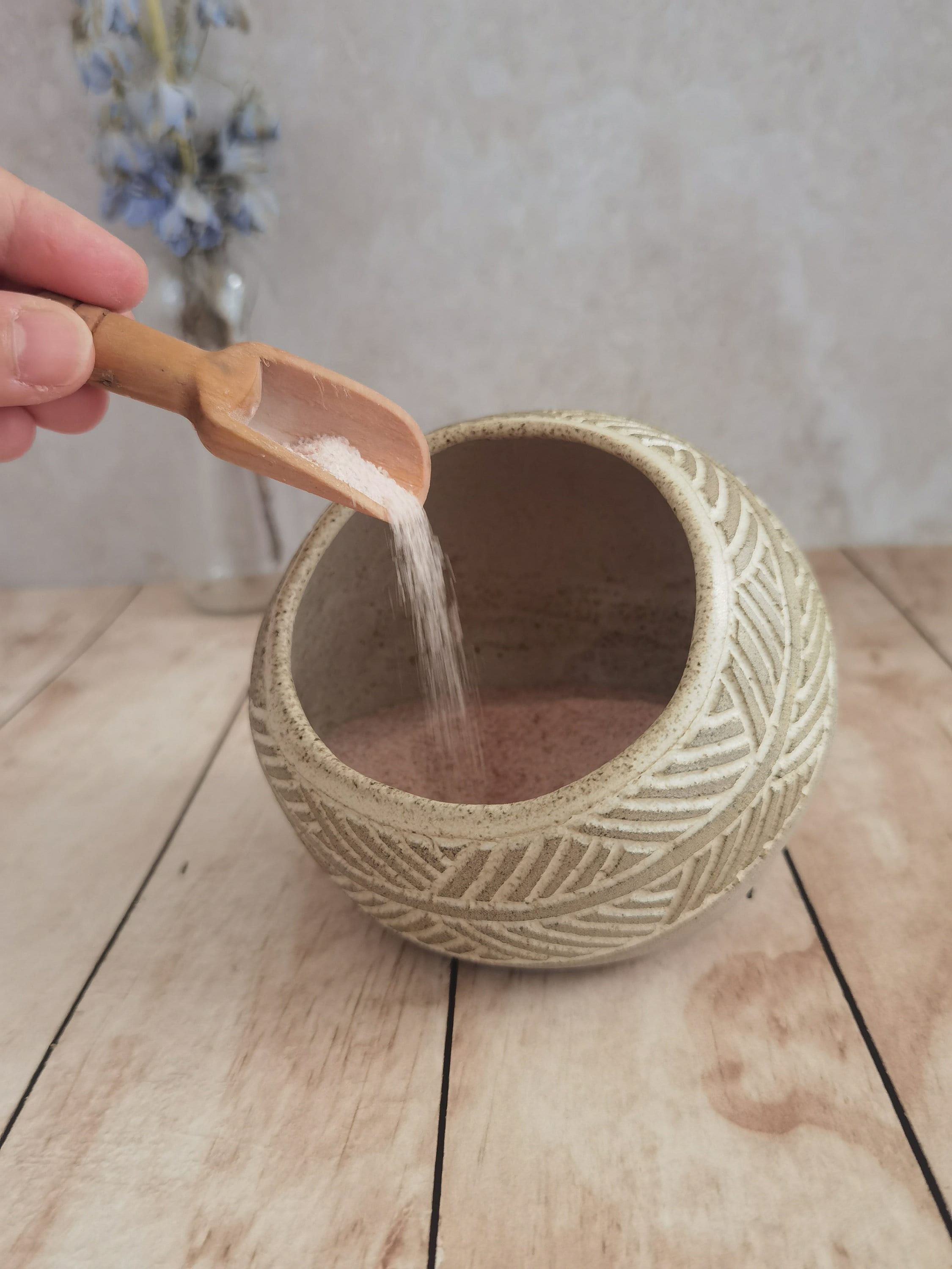 Handmade Pottery Salt Cellar with Wood Spoon: Stoneware Salt Keeper