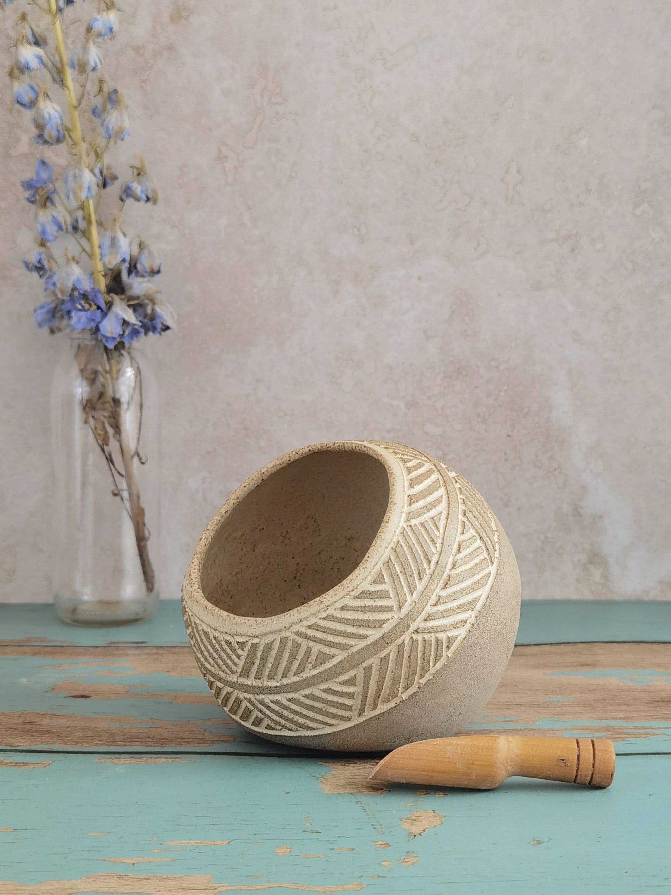 Handmade Pottery Salt Cellar with Wood Spoon: Stoneware Salt Keeper