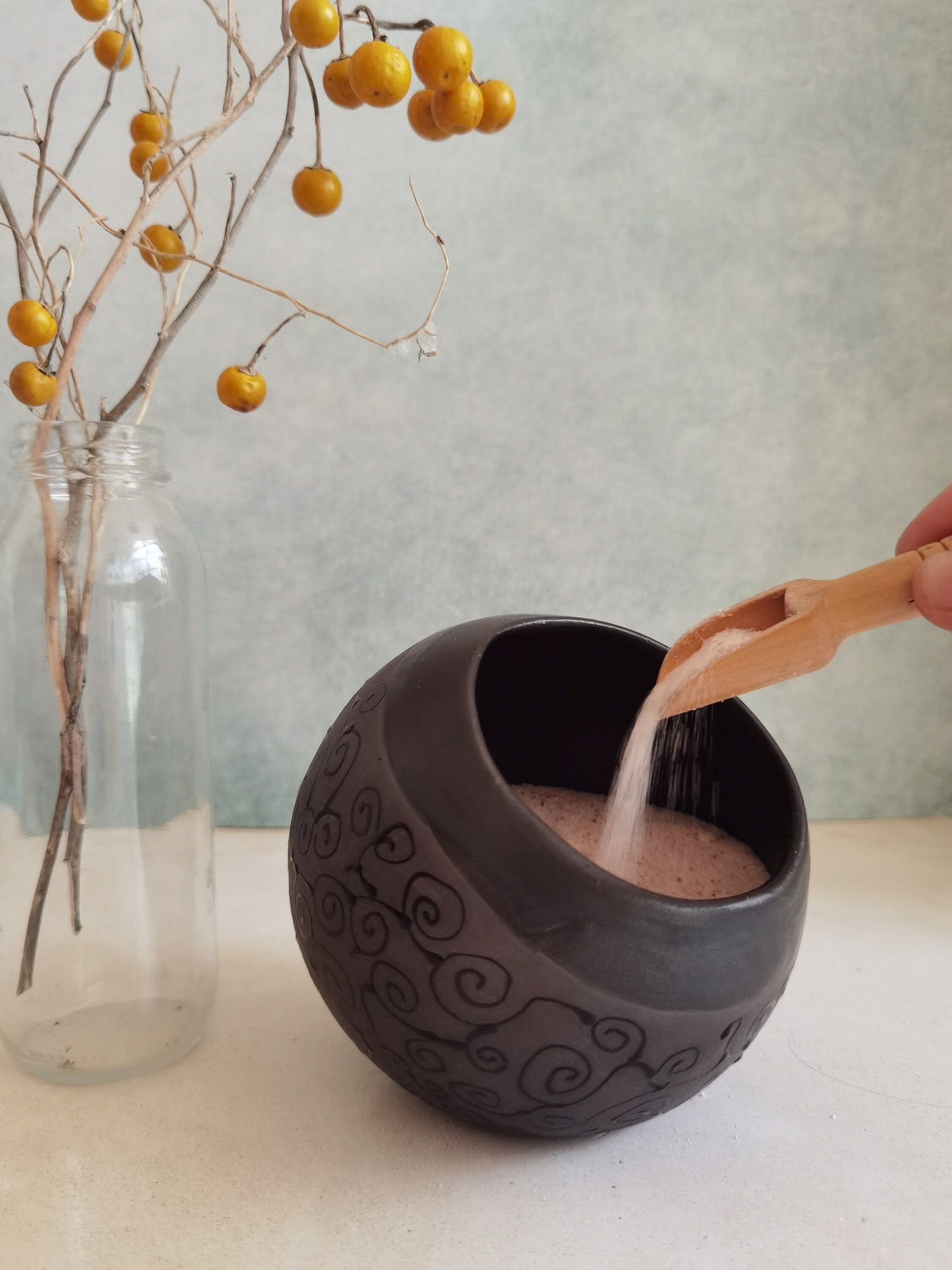 Handmade Pottery Salt Cellar with Wood Spoon: Stoneware Salt Keeper