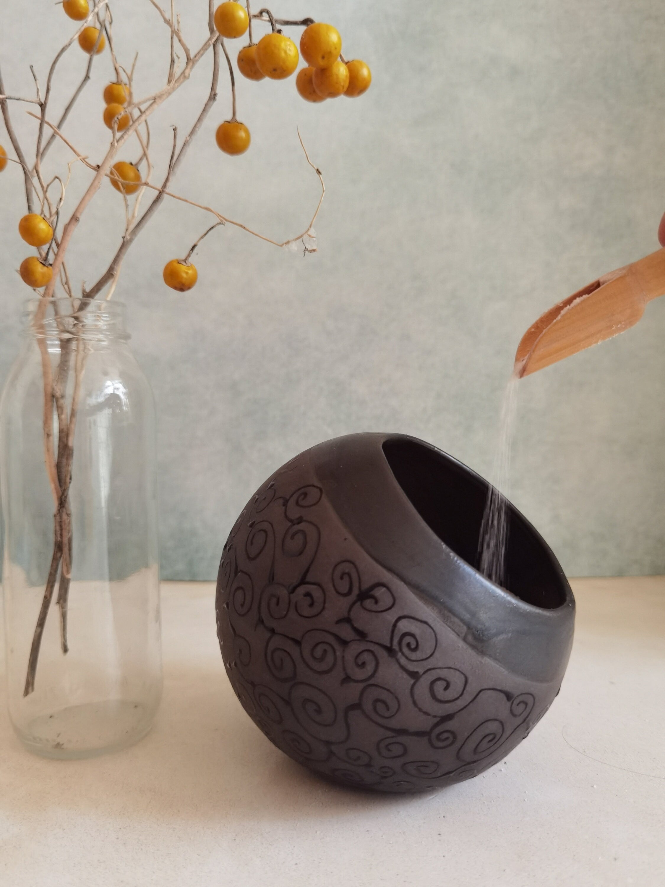 Handmade Pottery Salt Cellar with Wood Spoon: Stoneware Salt Keeper