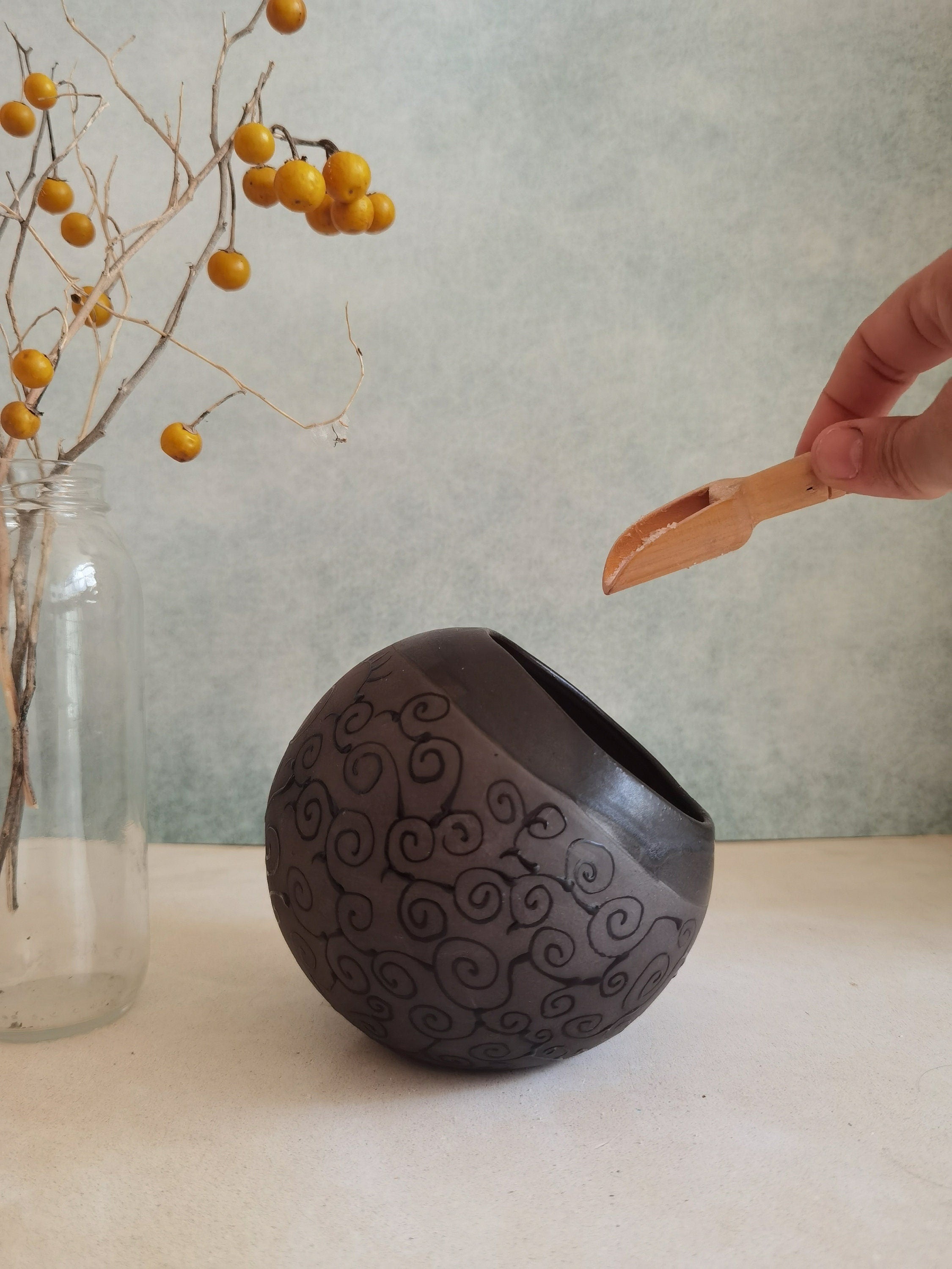 Handmade Pottery Salt Cellar with Wood Spoon: Stoneware Salt Keeper