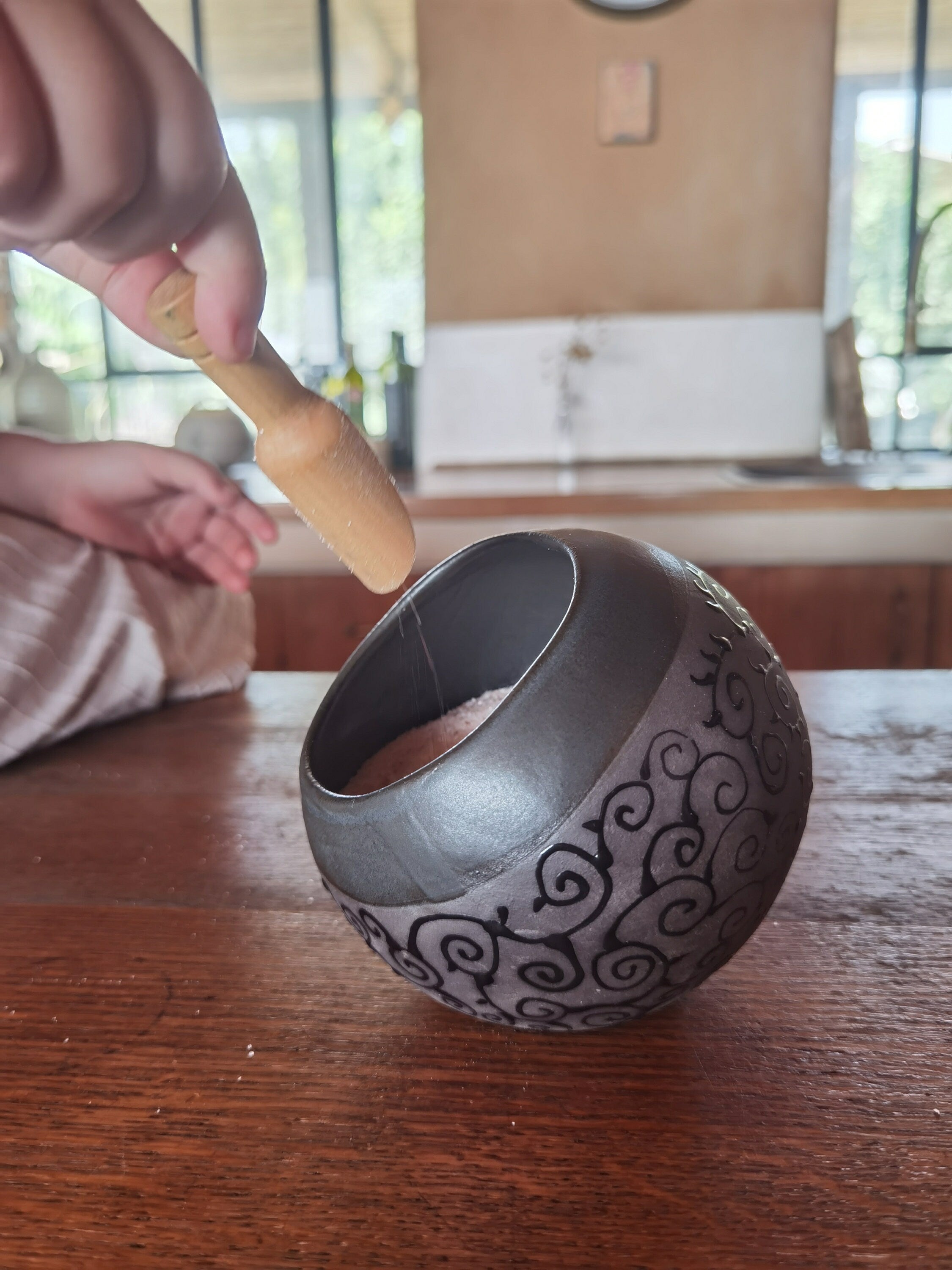 Handmade Pottery Salt Cellar with Wood Spoon: Stoneware Salt Keeper