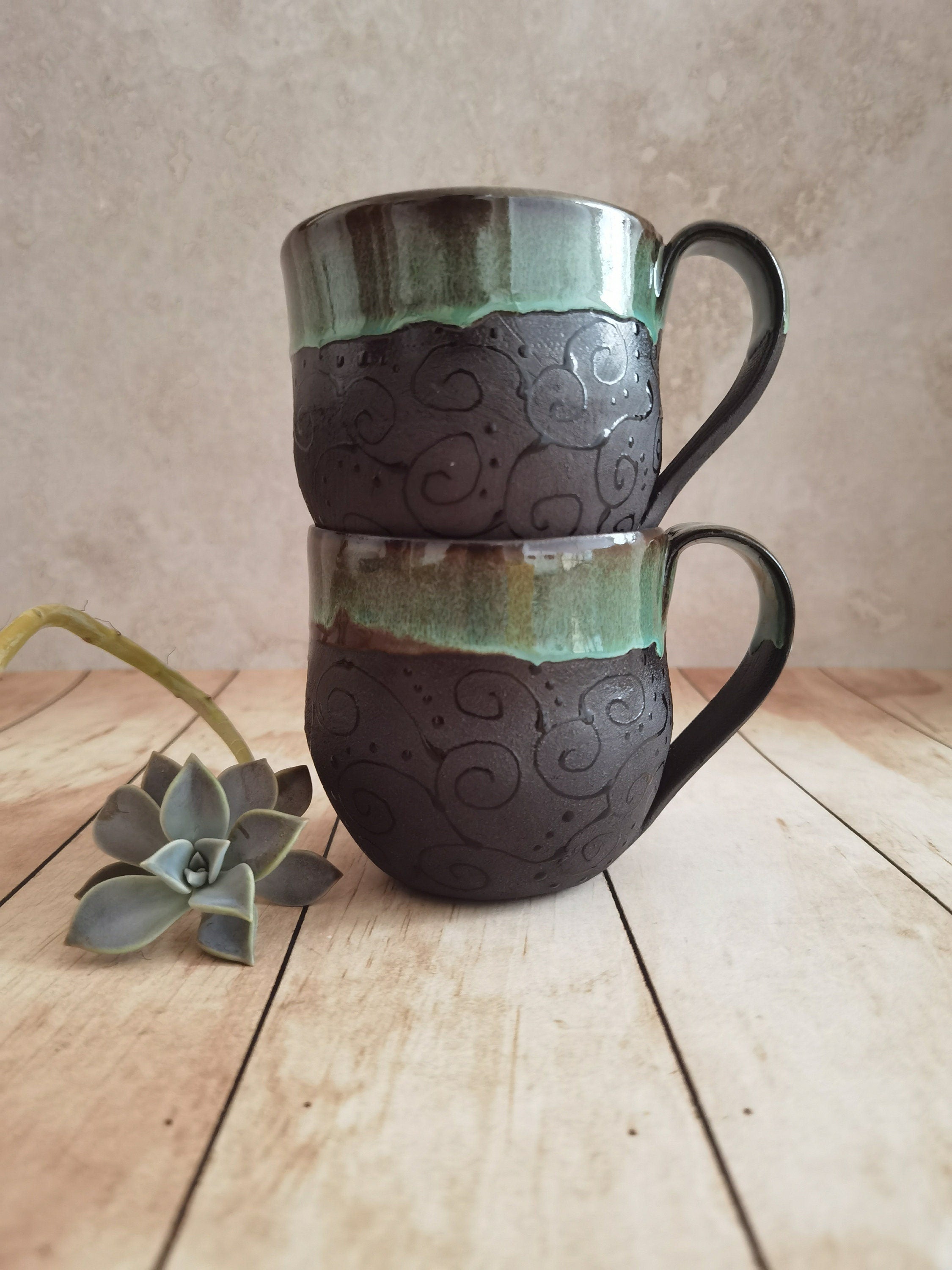Set of Two Handmade Ceramic Mugs: Black & Turquoise Pottery Cups