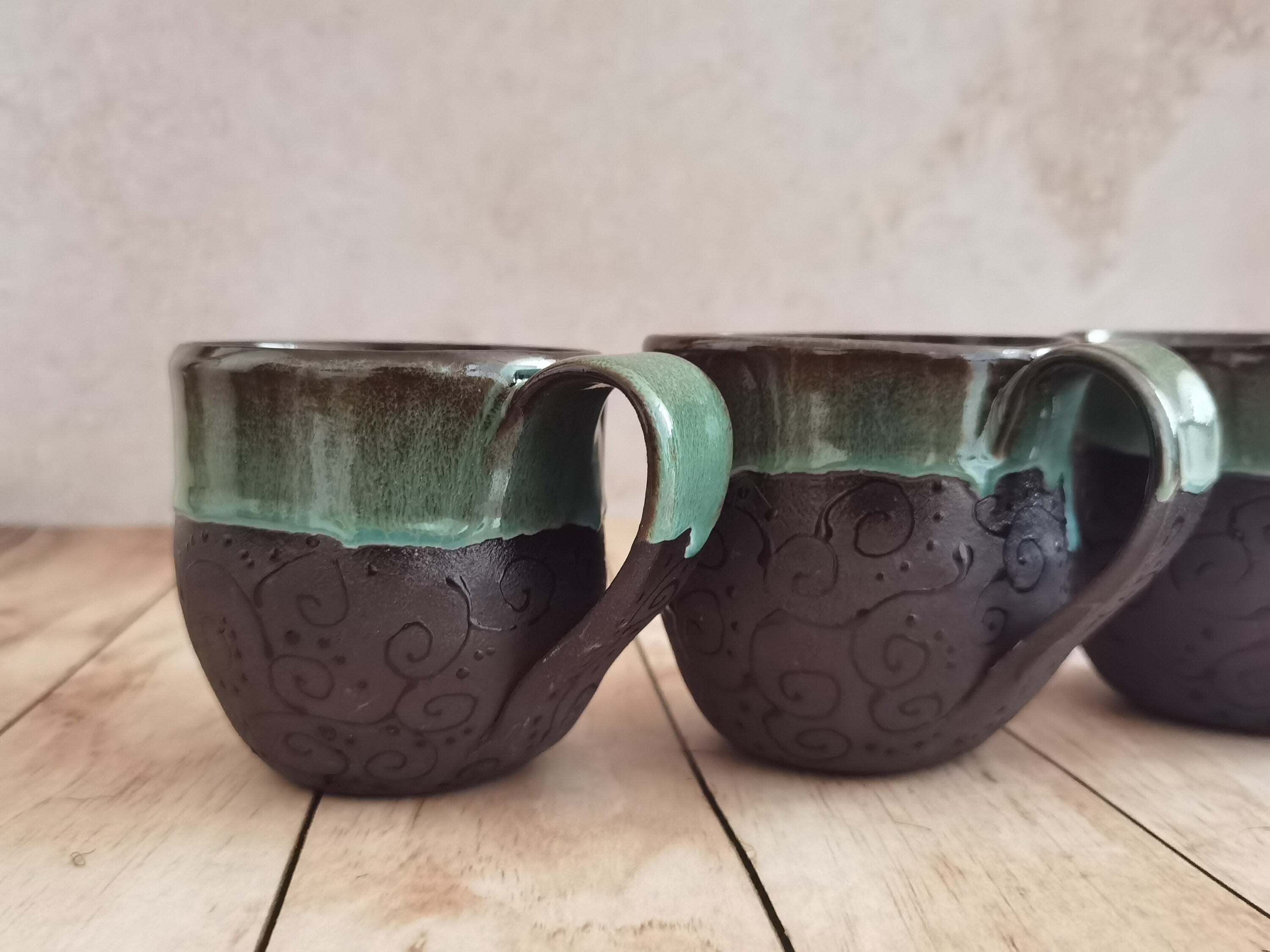 Set of Two Handmade Ceramic Mugs: Black & Turquoise Pottery Cups