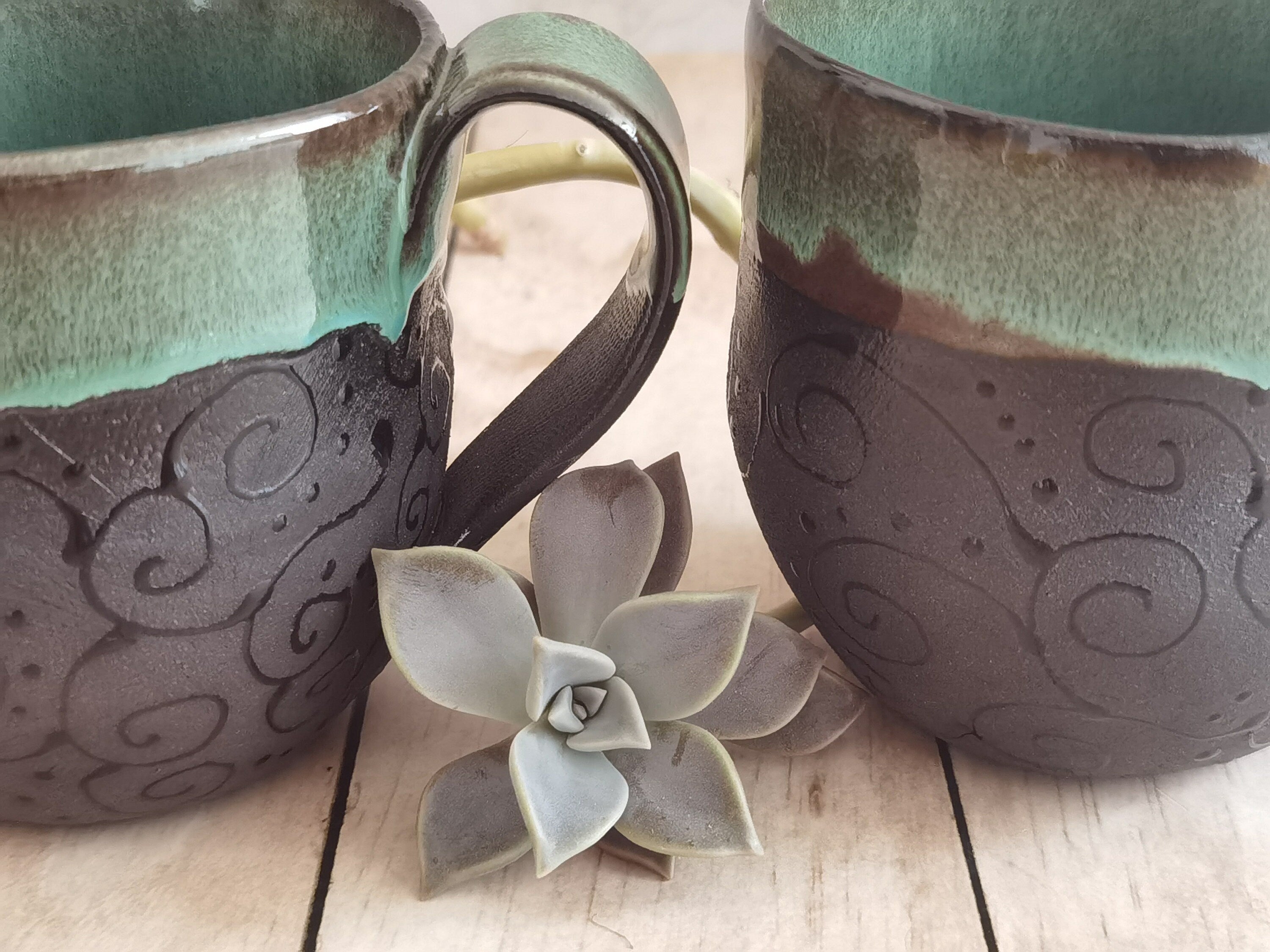 Set of Two Handmade Ceramic Mugs: Black & Turquoise Pottery Cups