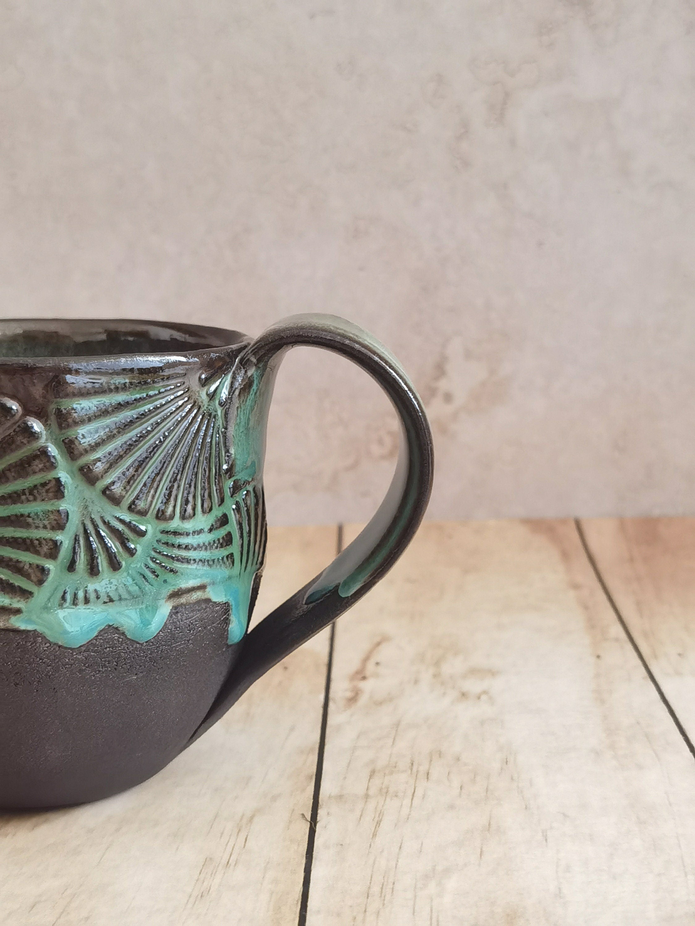 Set of Two Handmade Ceramic Mugs: Black & Turquoise Pottery Cups