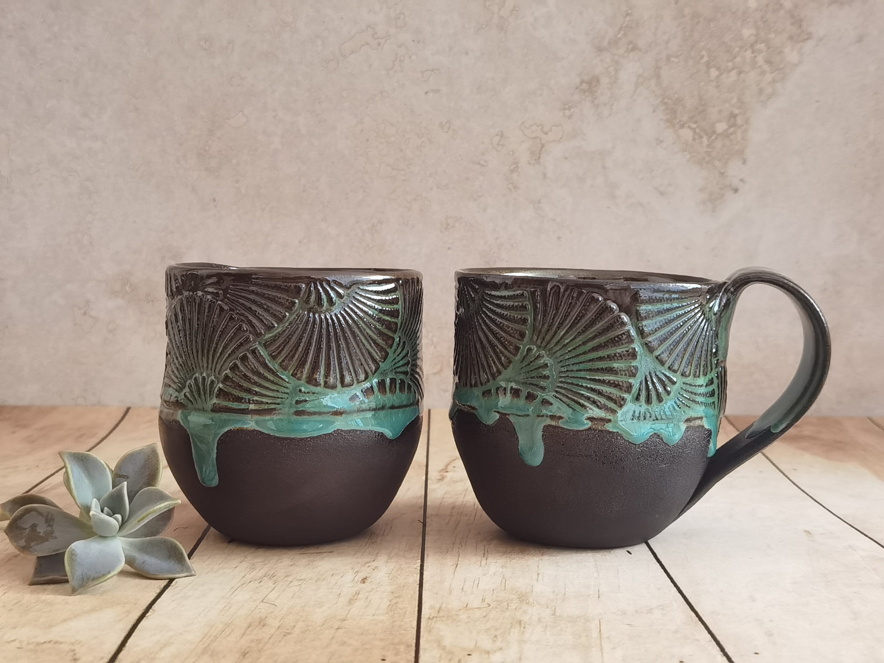 Set of Two Handmade Ceramic Mugs: Black & Turquoise Pottery Cups