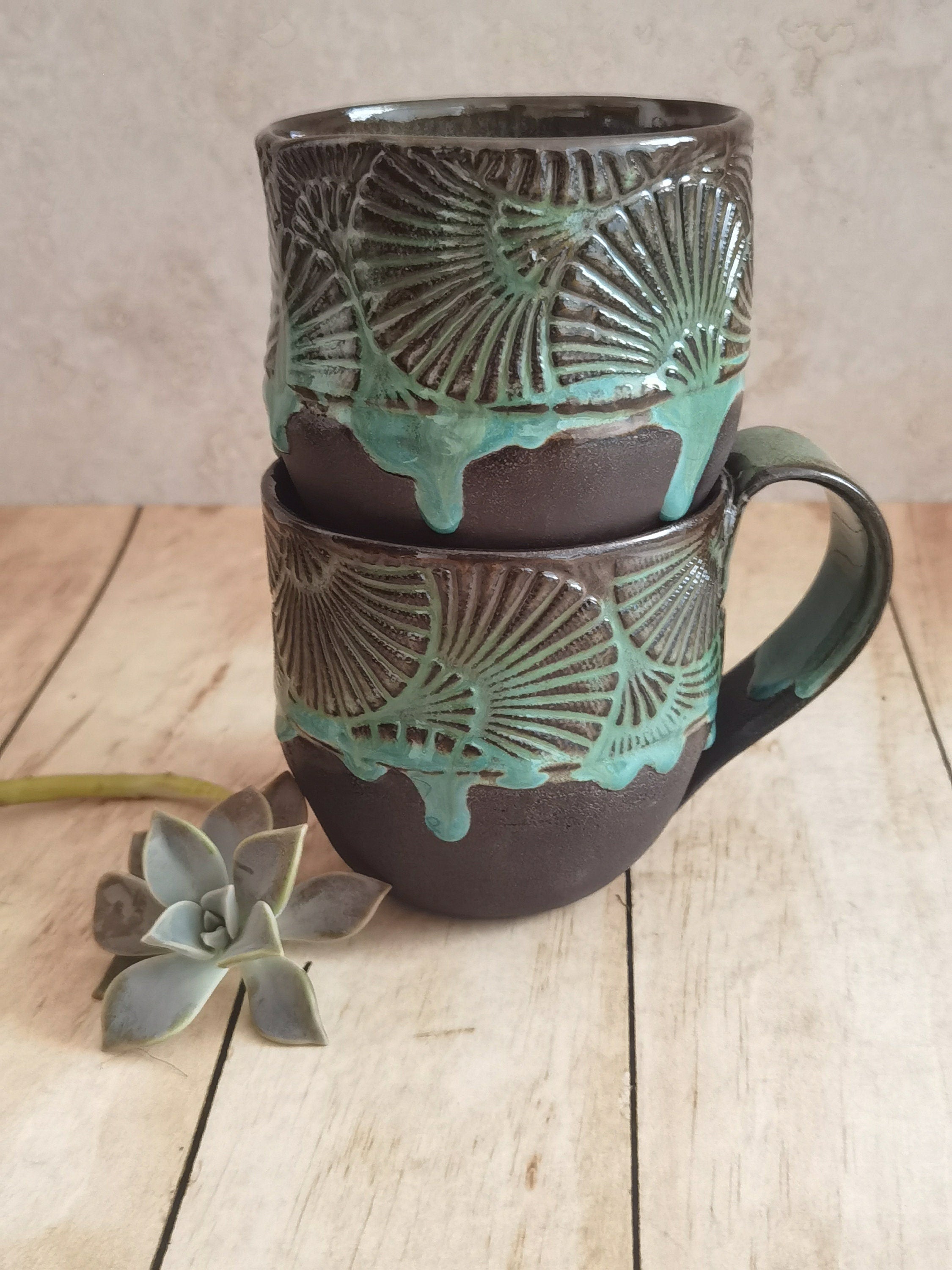 Set of Two Handmade Ceramic Mugs: Black & Turquoise Pottery Cups