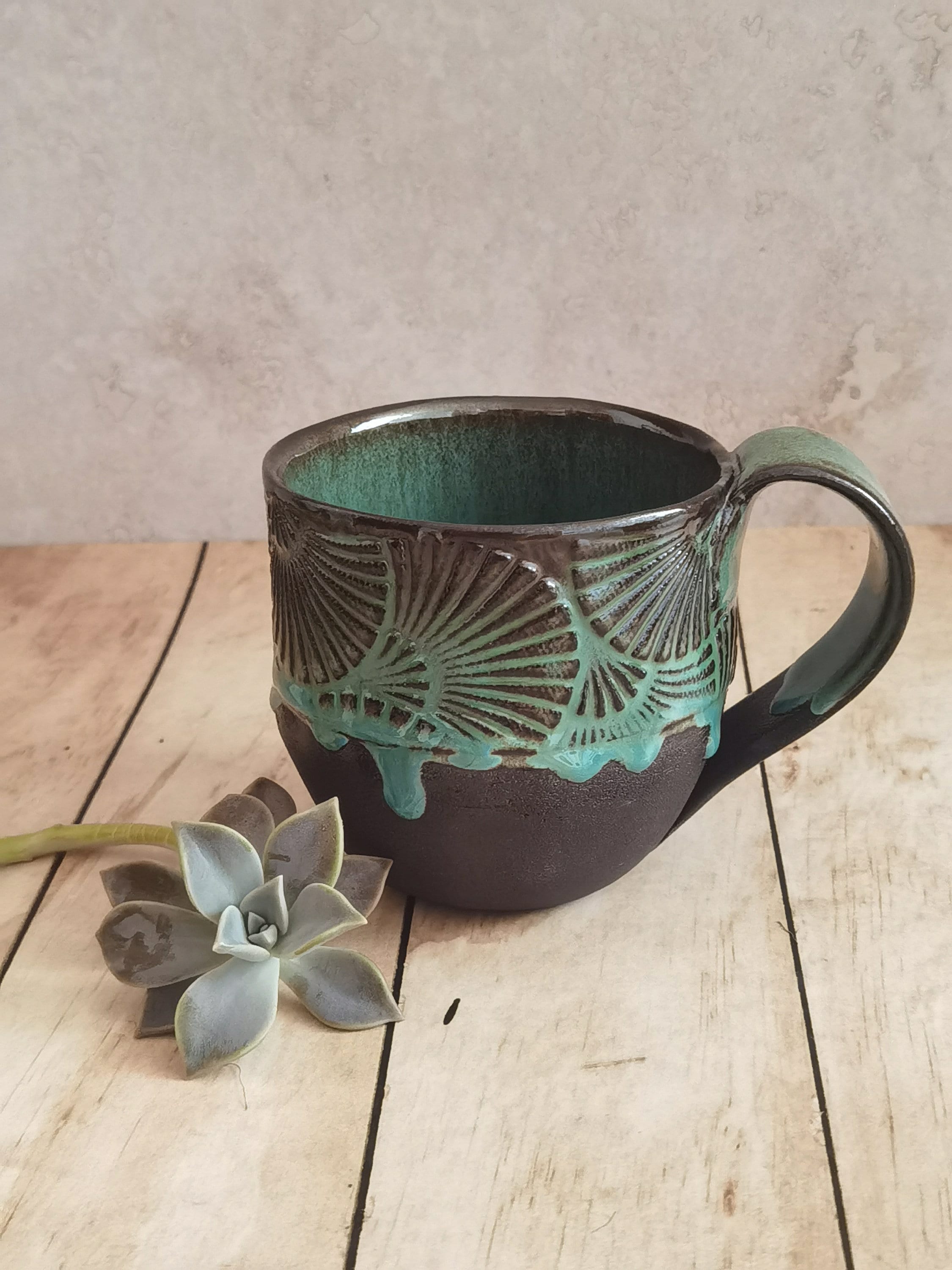 Set of Two Handmade Ceramic Mugs: Black & Turquoise Pottery Cups