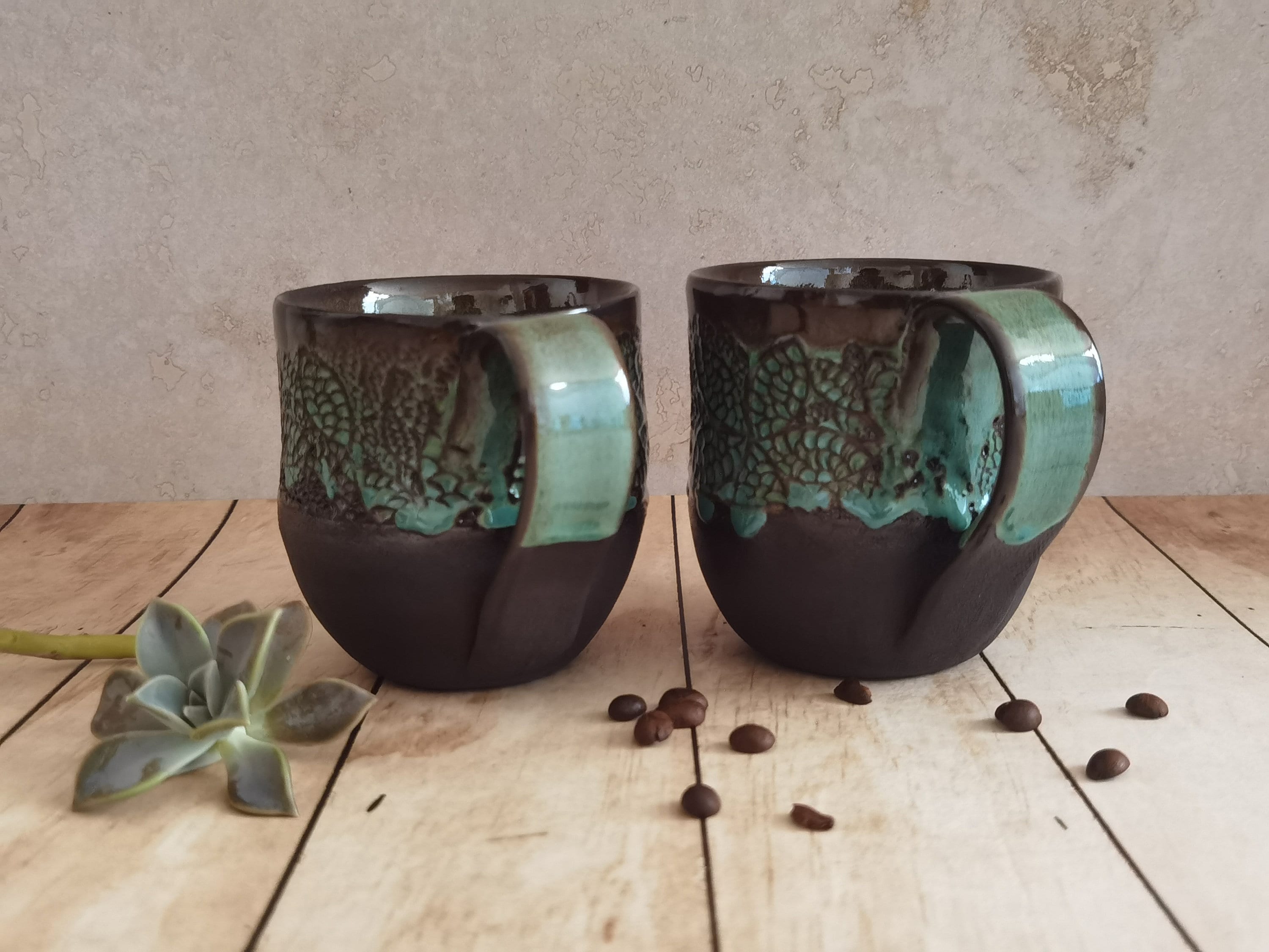Handmade Ceramic Mugs: Black & Turquoise Pottery Cups (Set of 2)