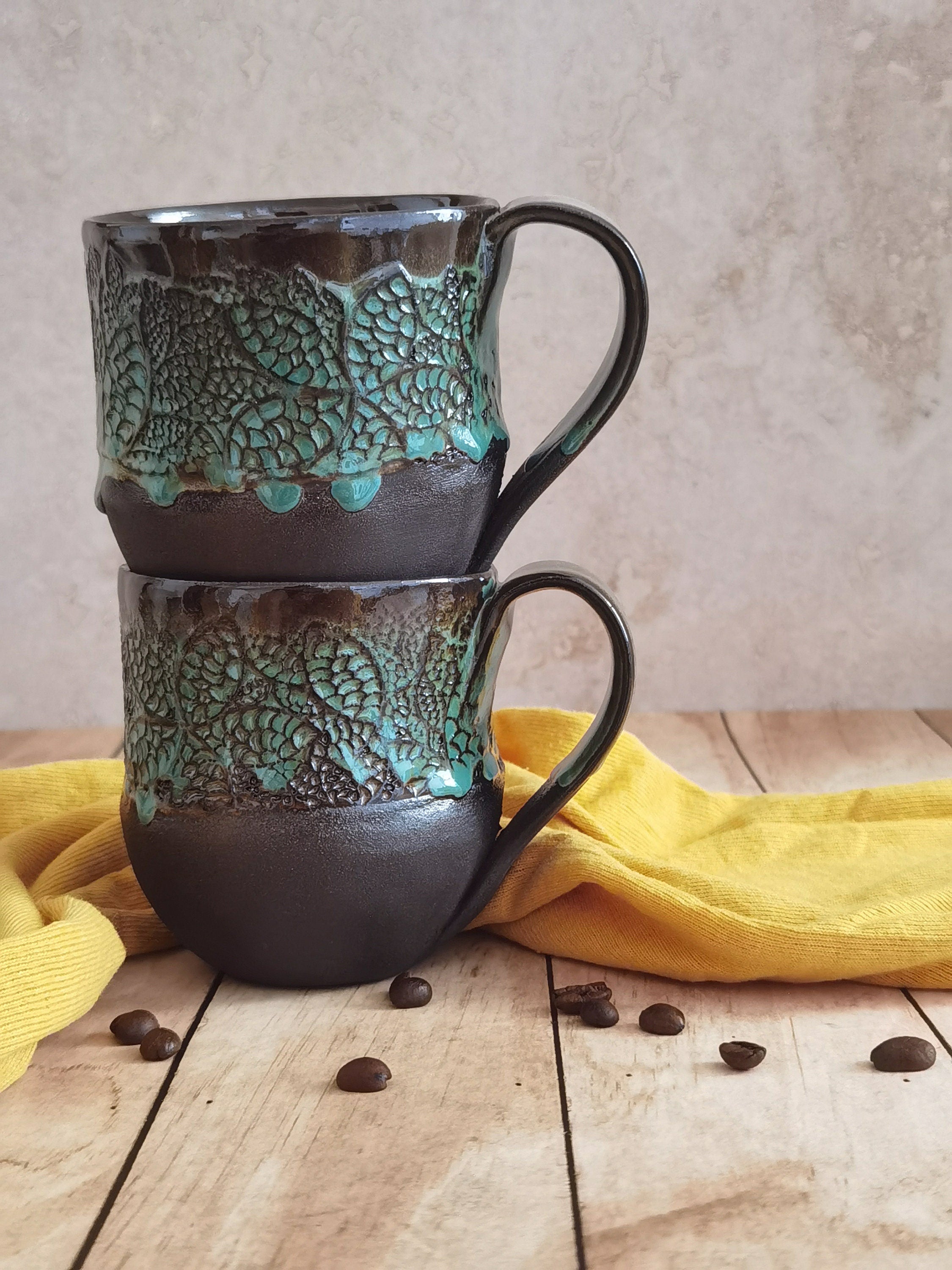 Handmade Ceramic Mugs: Black & Turquoise Pottery Cups (Set of 2)