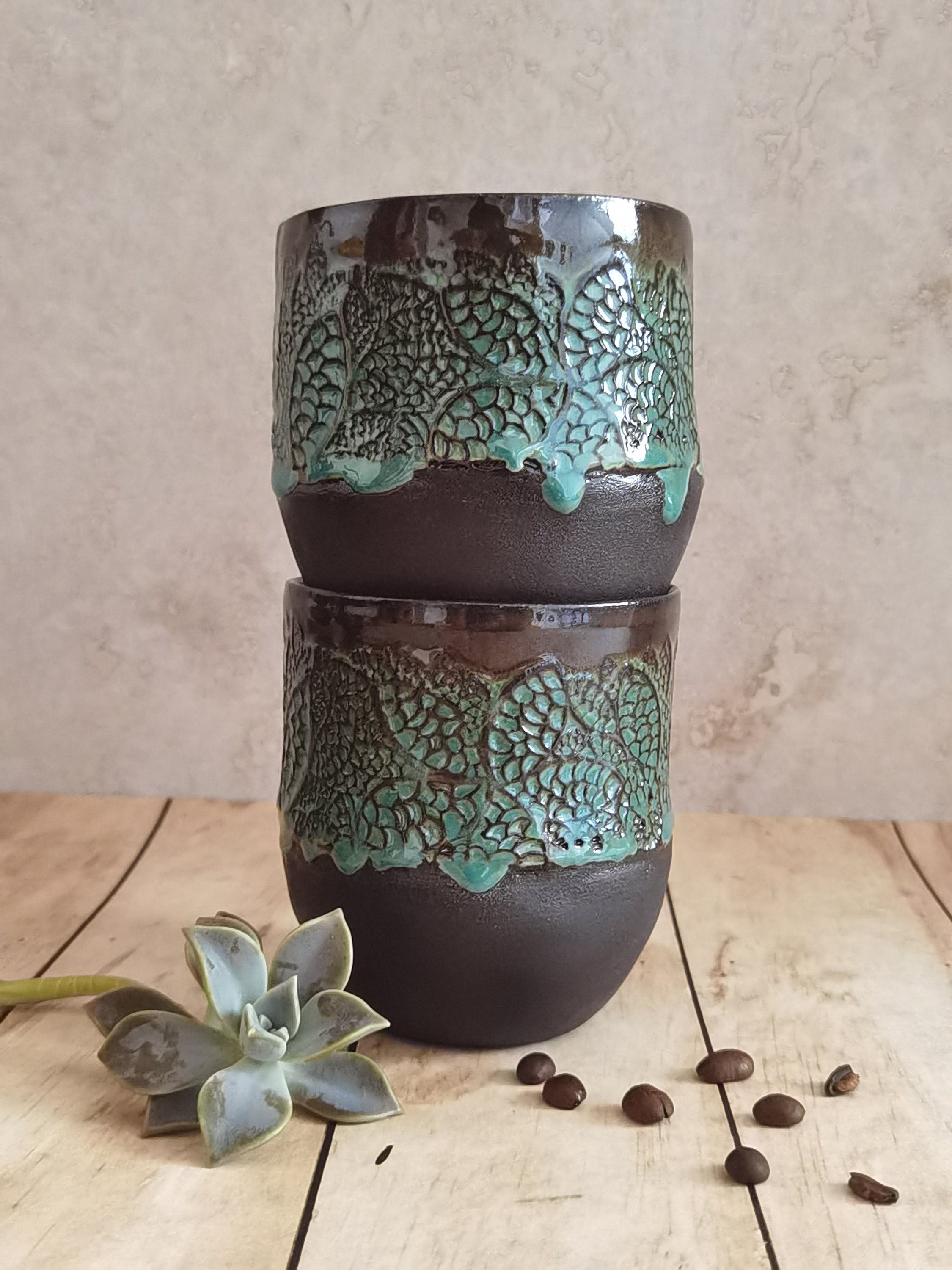 Handmade Ceramic Mugs: Black & Turquoise Pottery Cups (Set of 2)