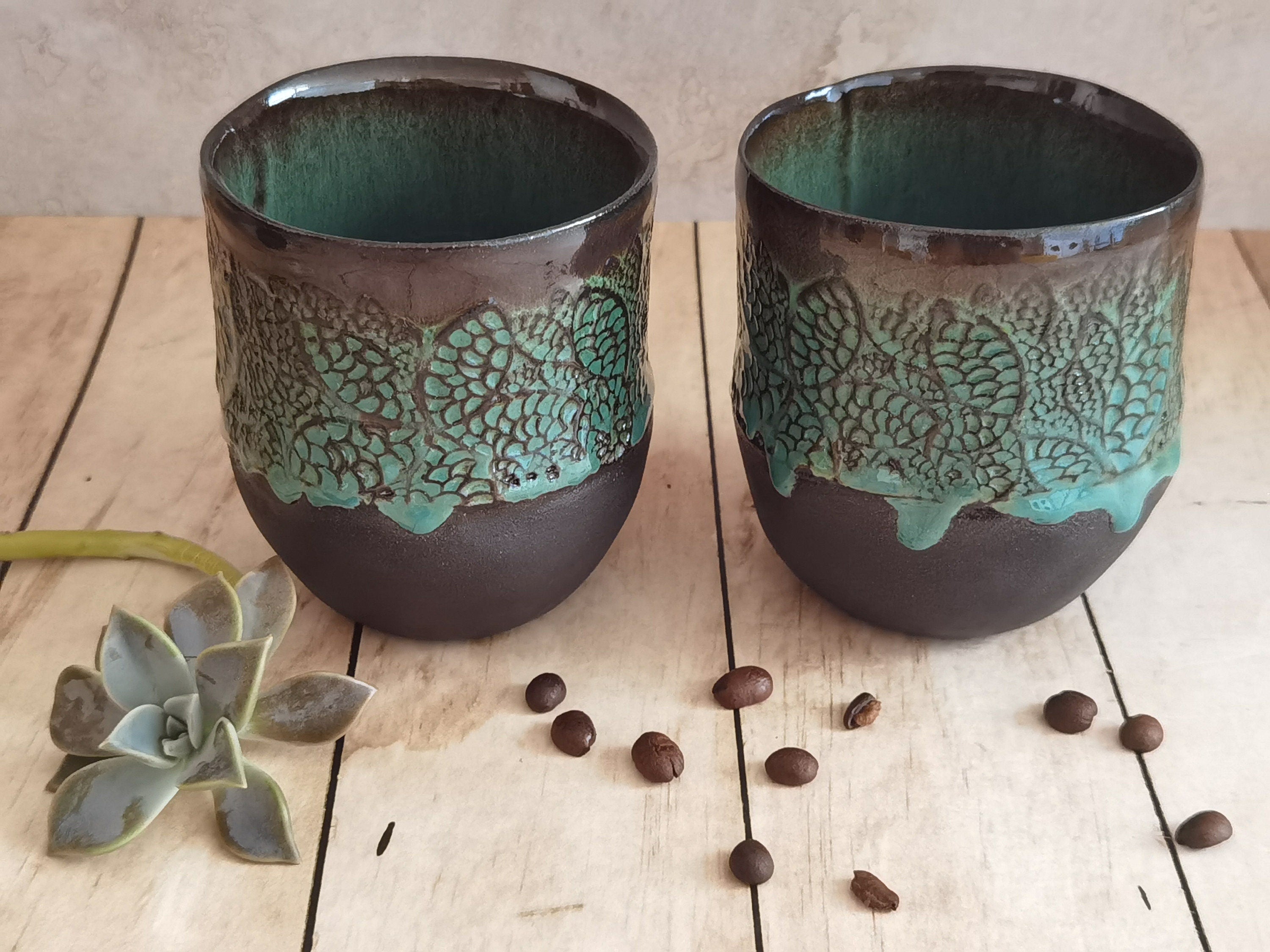 Handmade Ceramic Mugs: Black & Turquoise Pottery Cups (Set of 2)